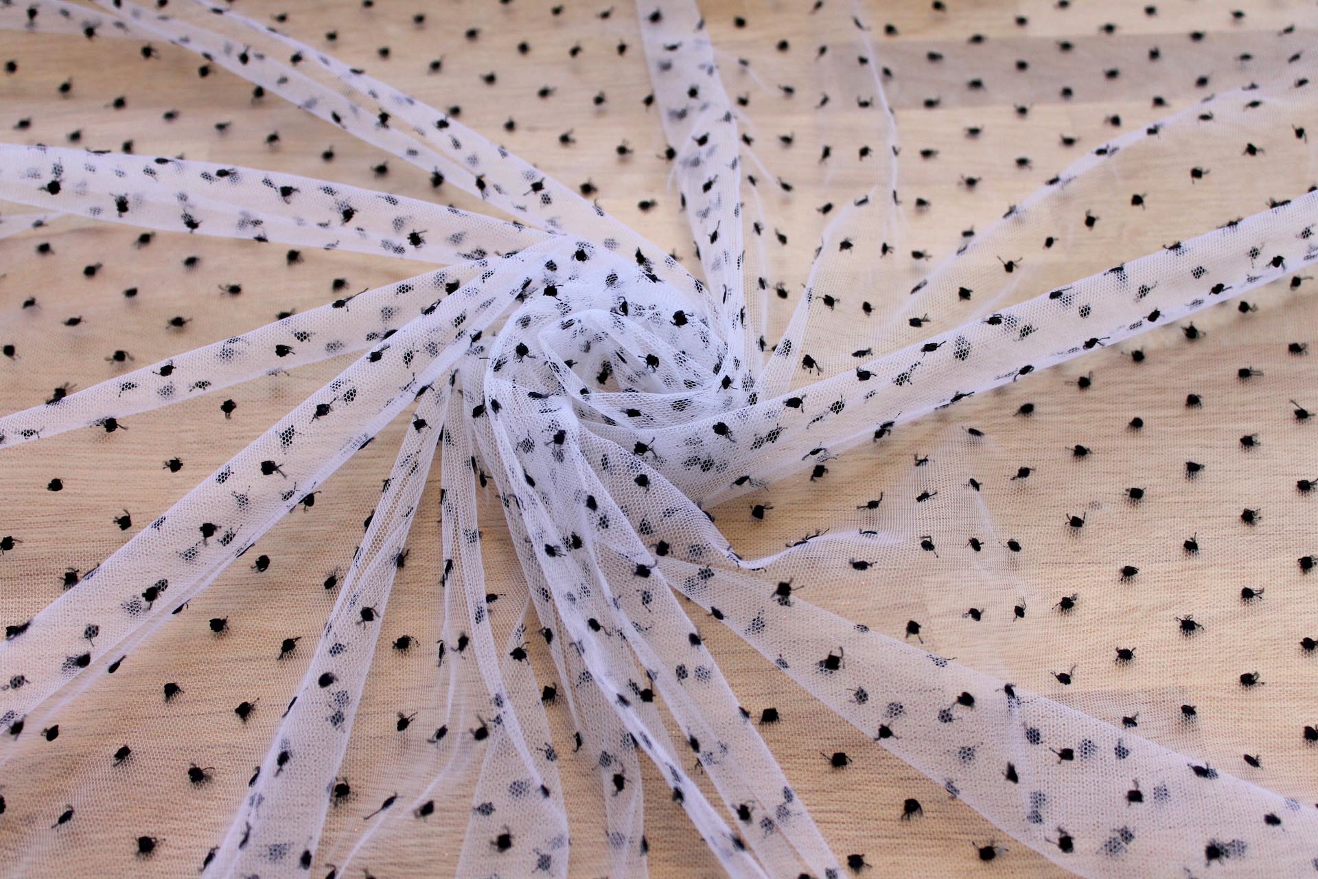 Embroidered Polka Dot / Spot Tulle - Small Black on White fabric