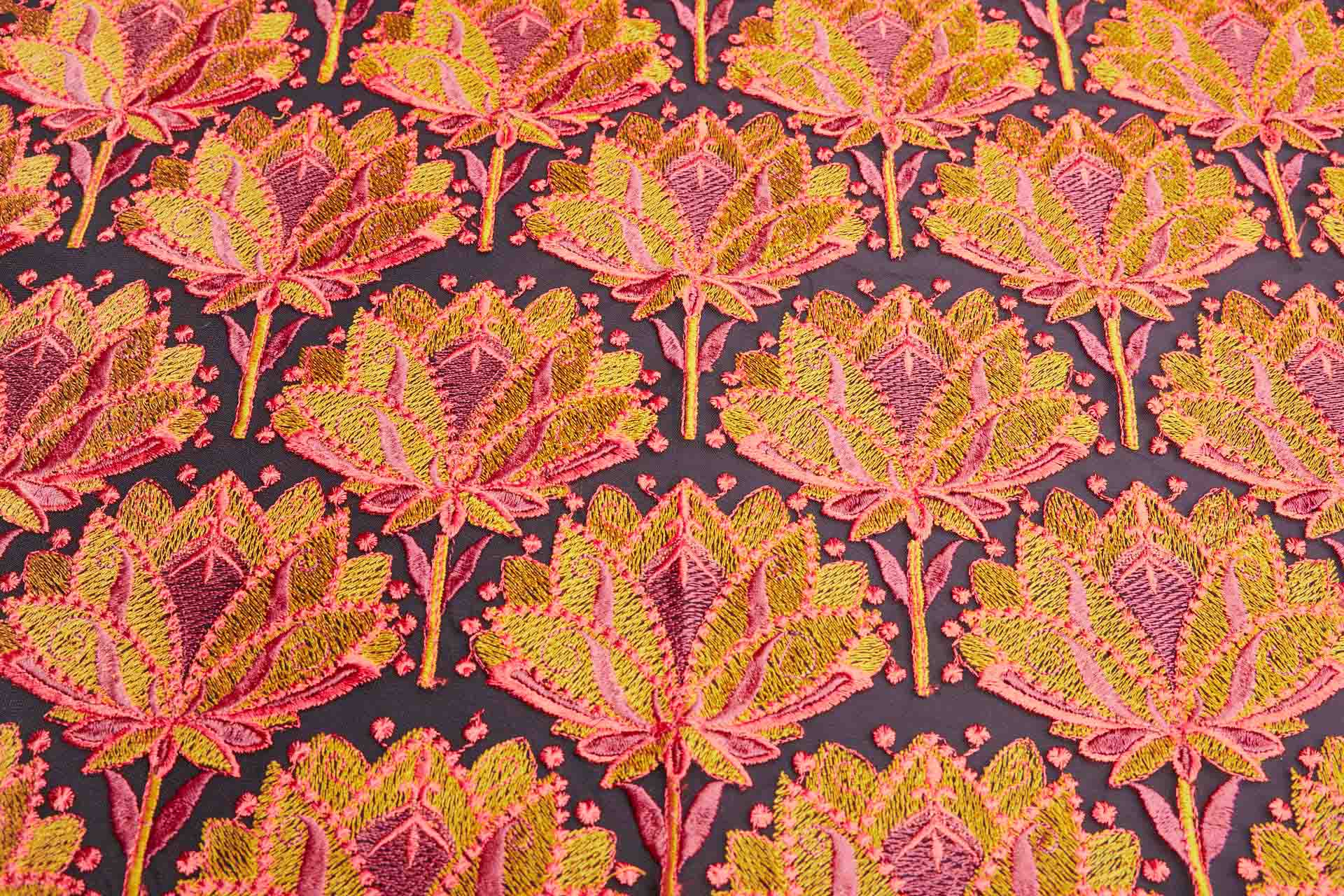 Large Floral Embroidery in Pink, Green and Orange on Black Tulle fabric, image 4 of 4