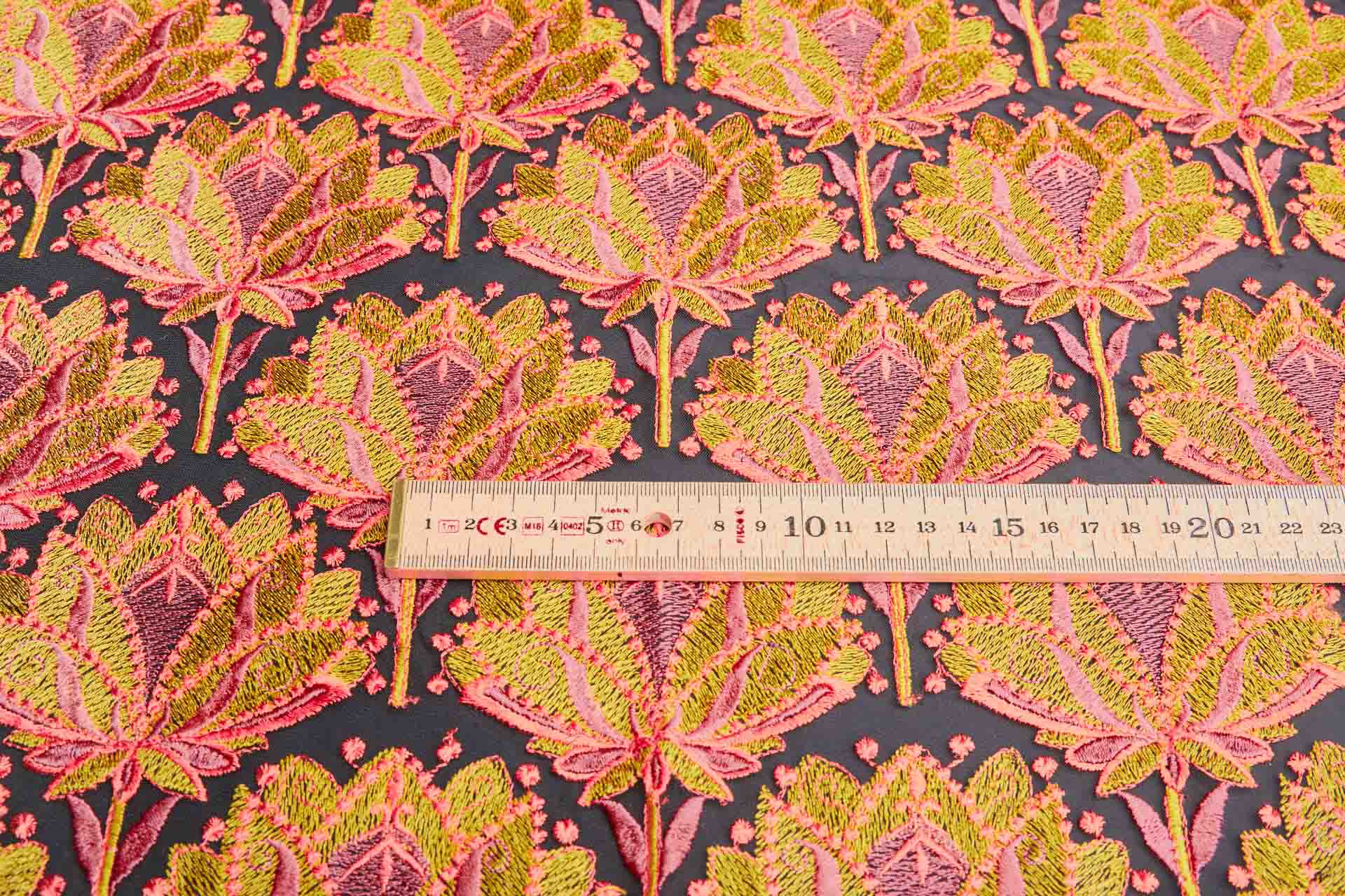 Large Floral Embroidery in Pink, Green and Orange on Black Tulle fabric, image 2 of 4