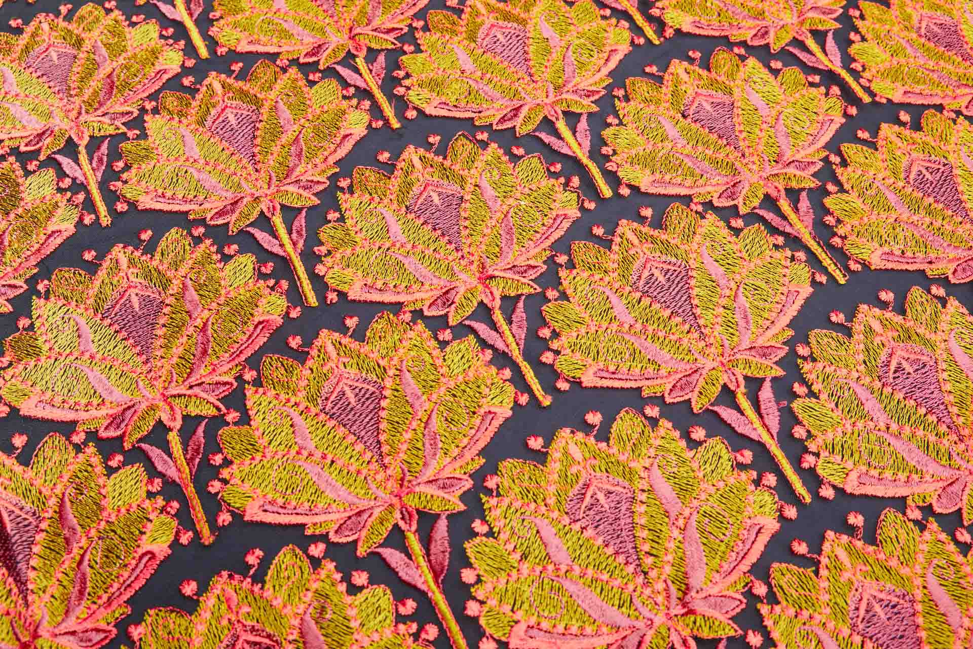 Large Floral Embroidery in Pink, Green and Orange on Black Tulle fabric