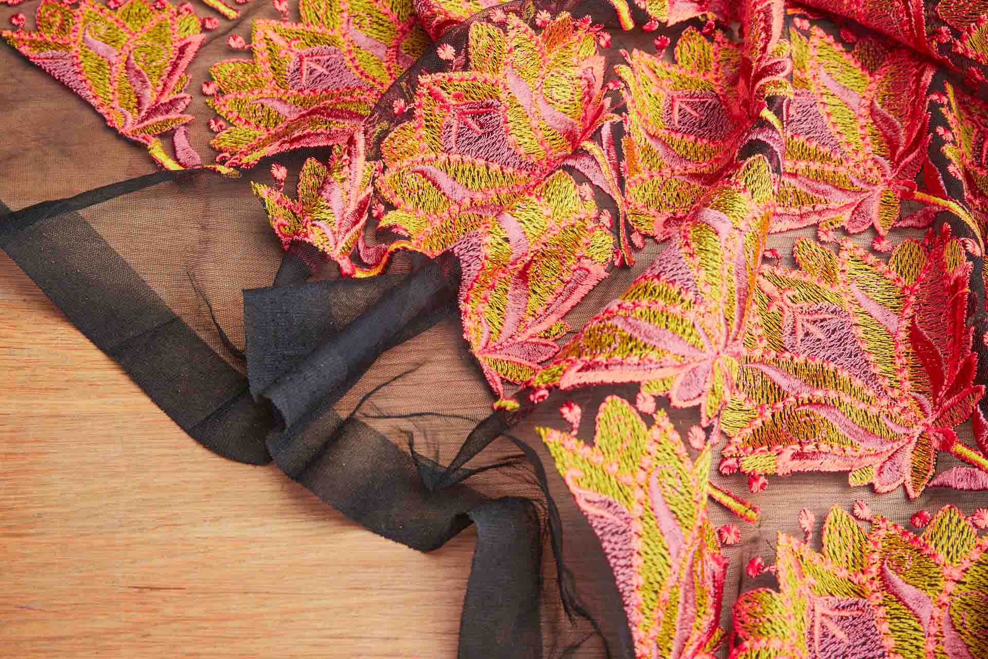 Large Floral Embroidery in Pink, Green and Orange on Black Tulle fabric, image 3 of 4