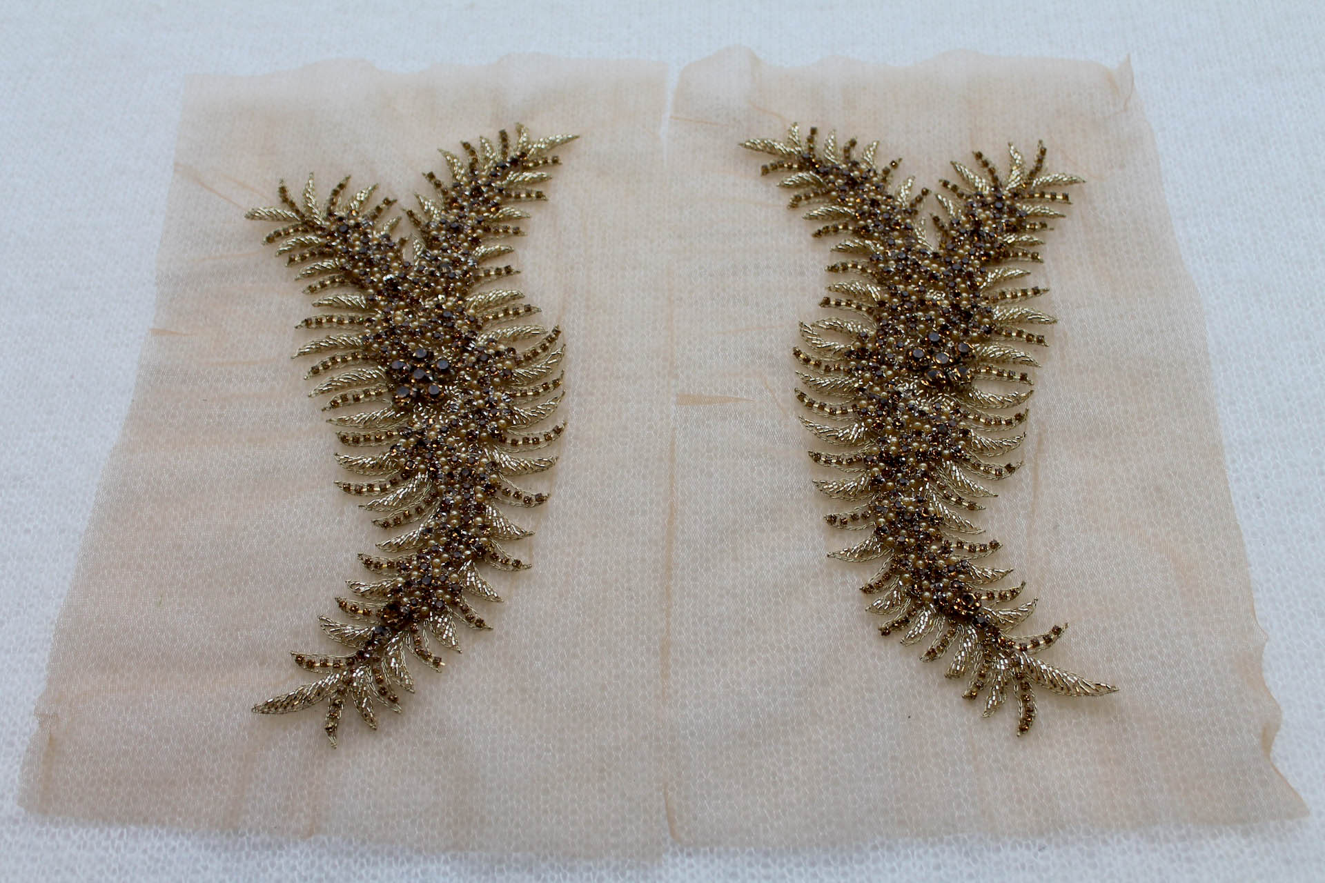 Beaded Diamante Trim or Motif in Gold - Pair