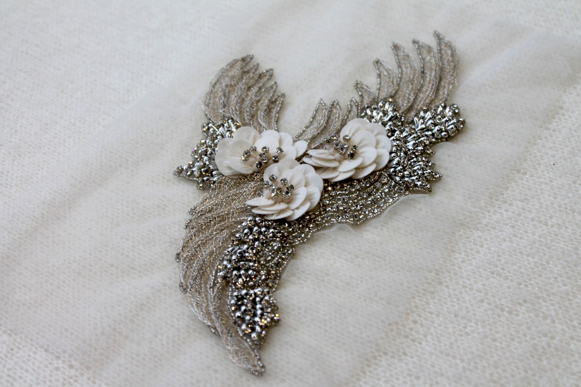 Floral Beaded Diamante Motif in Ivory - Left trim, image 2 of 5
