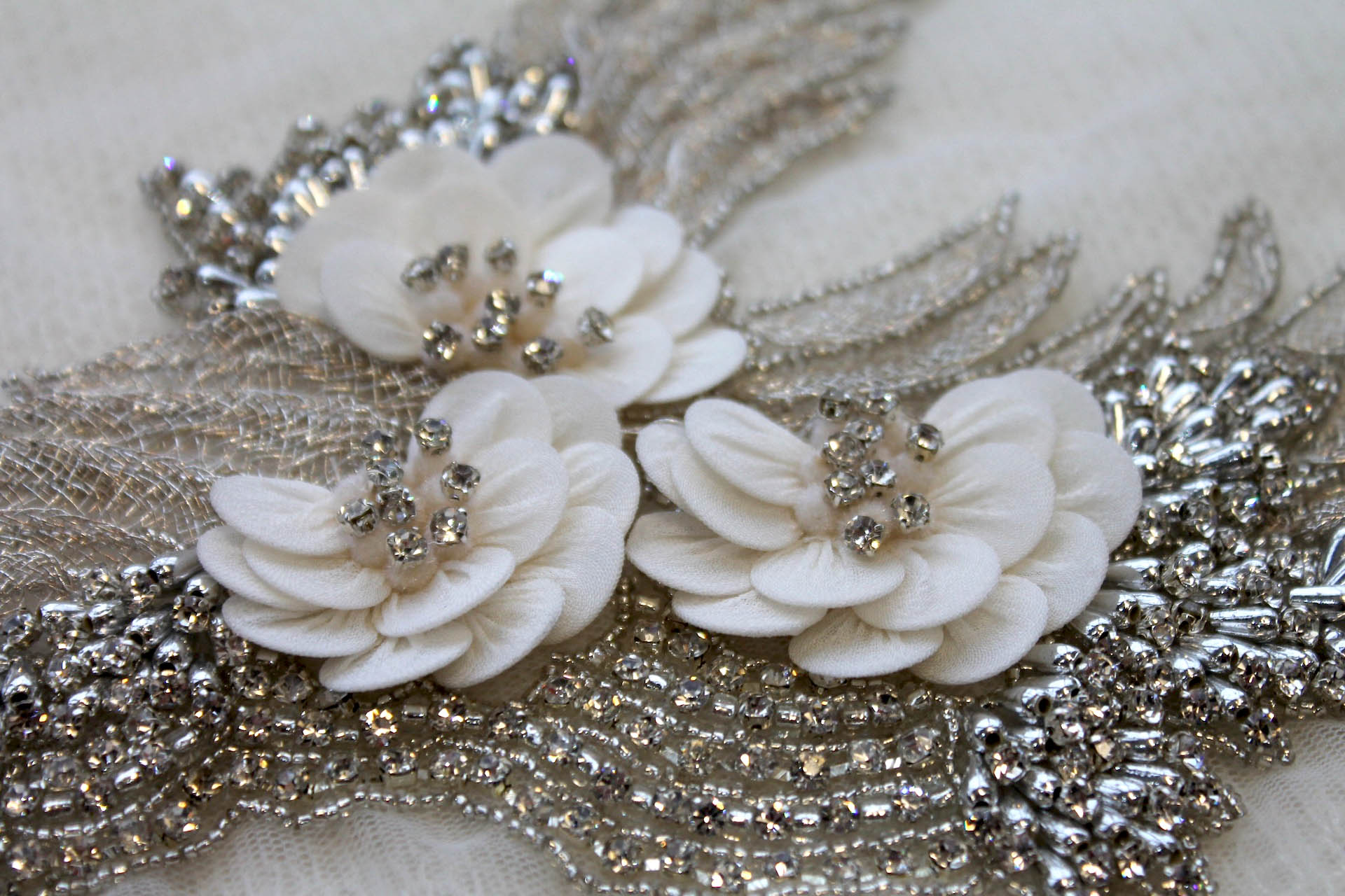 Floral Beaded Diamante Motif in Ivory - Left trim, image 3 of 5
