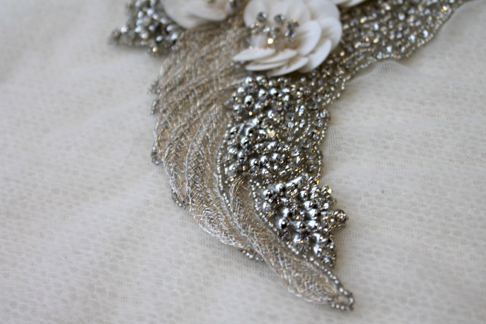 Floral Beaded Diamante Motif in Ivory - Left trim, image 5 of 5