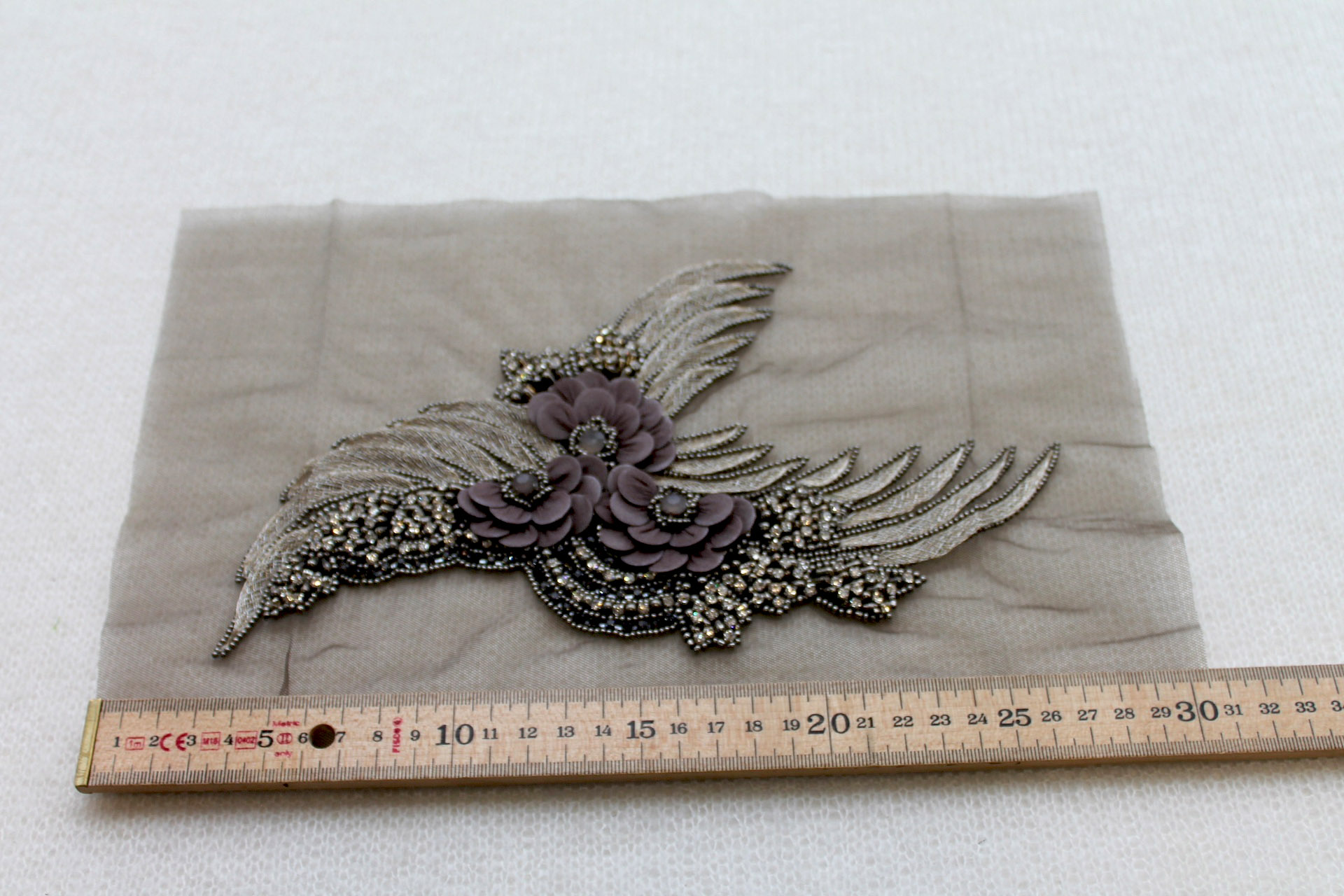 Floral Beaded Diamante Motif in Anthracite / Grey - Left trim