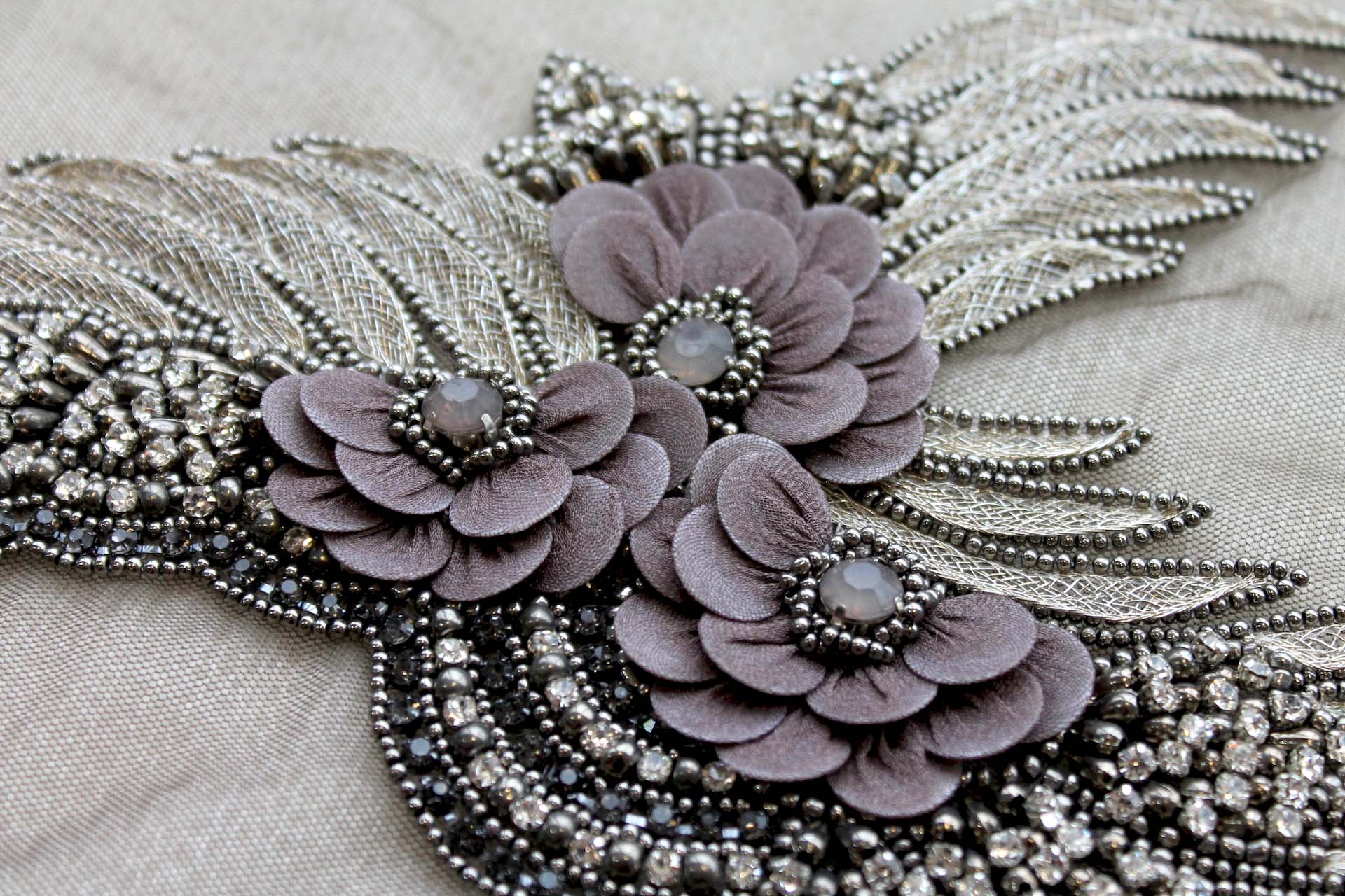 Floral Beaded Diamante Motif in Anthracite / Grey - Left trim, image 2 of 5