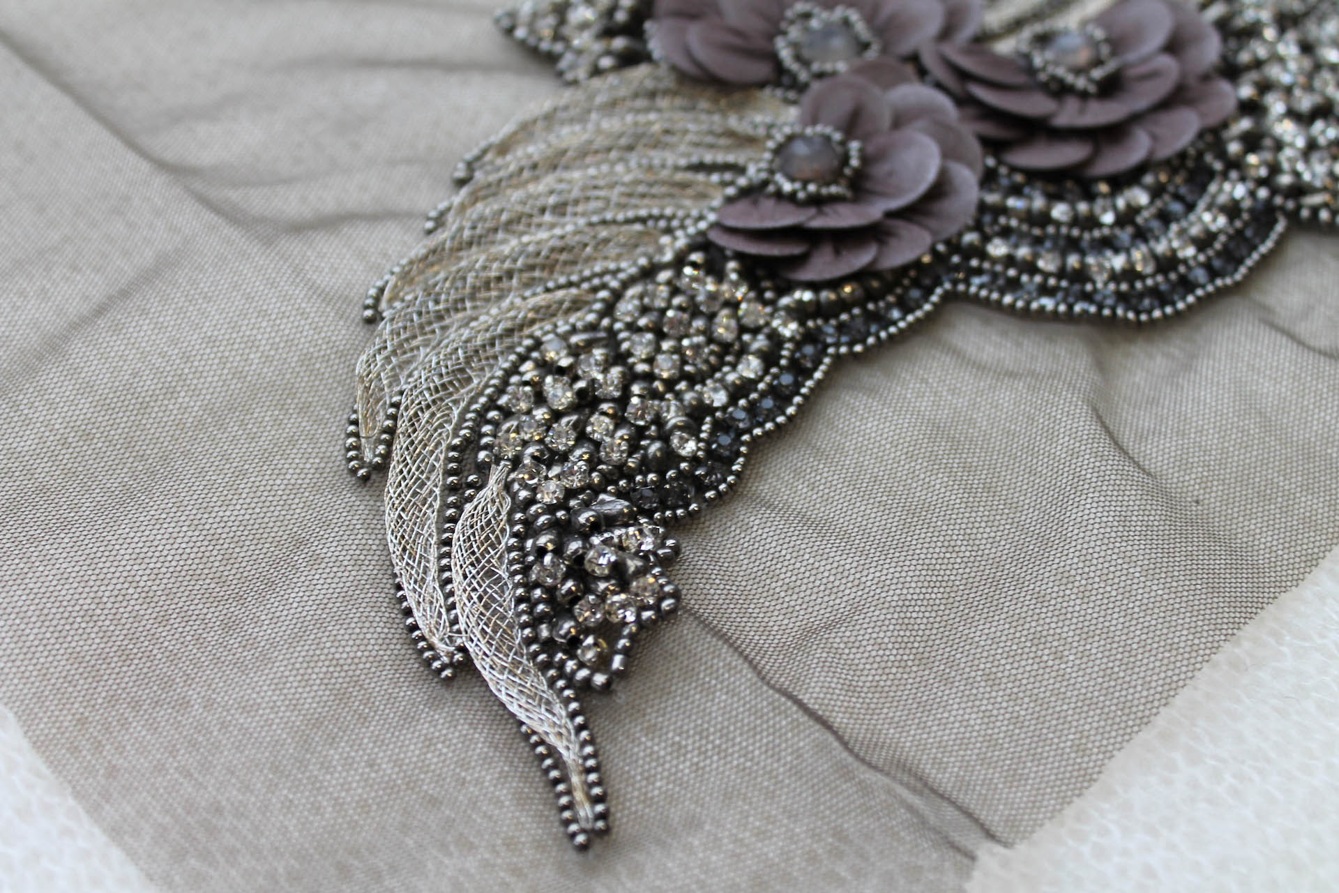 Floral Beaded Diamante Motif in Anthracite / Grey - Left trim, image 3 of 5