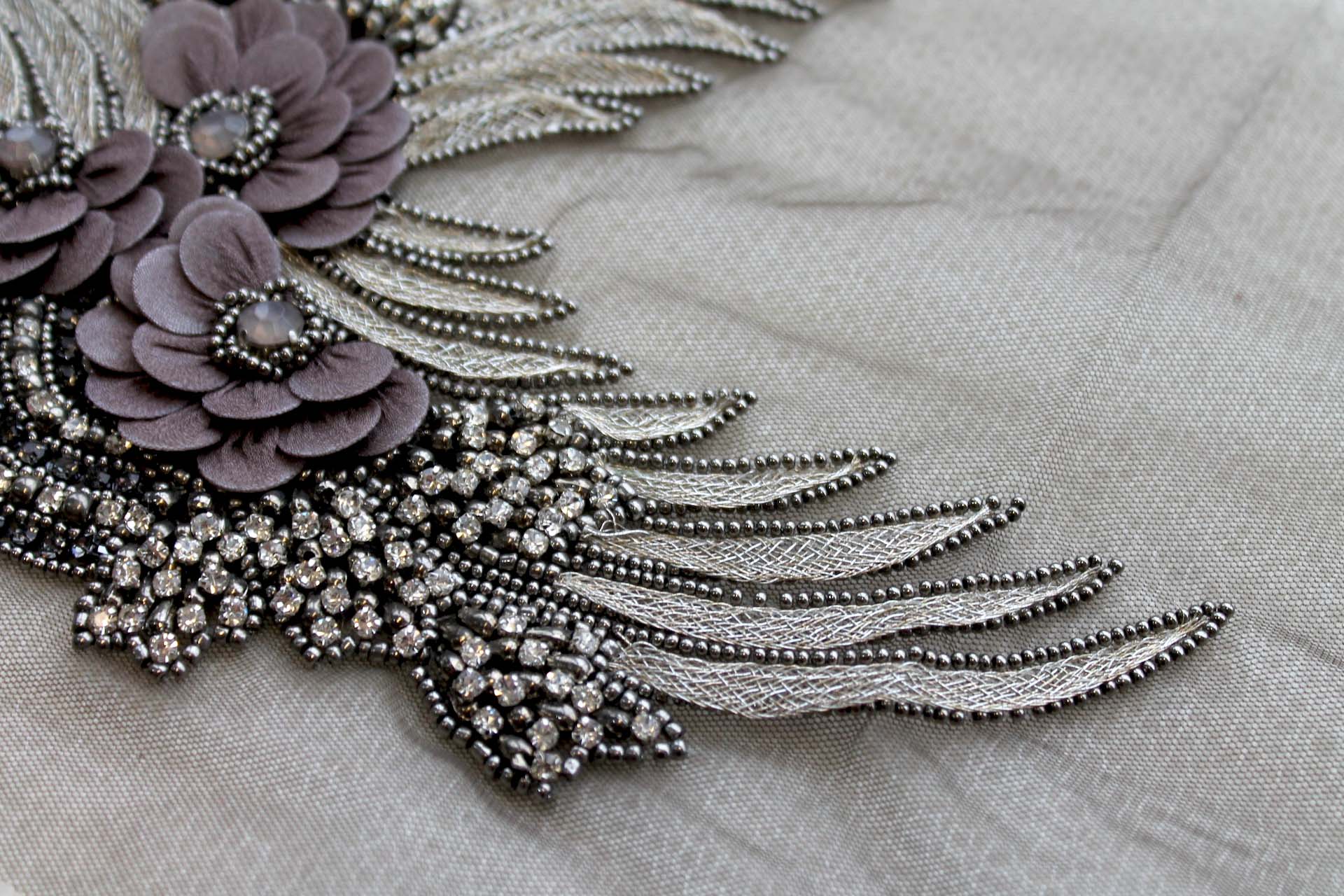 Floral Beaded Diamante Motif in Anthracite / Grey - Left trim, image 4 of 5