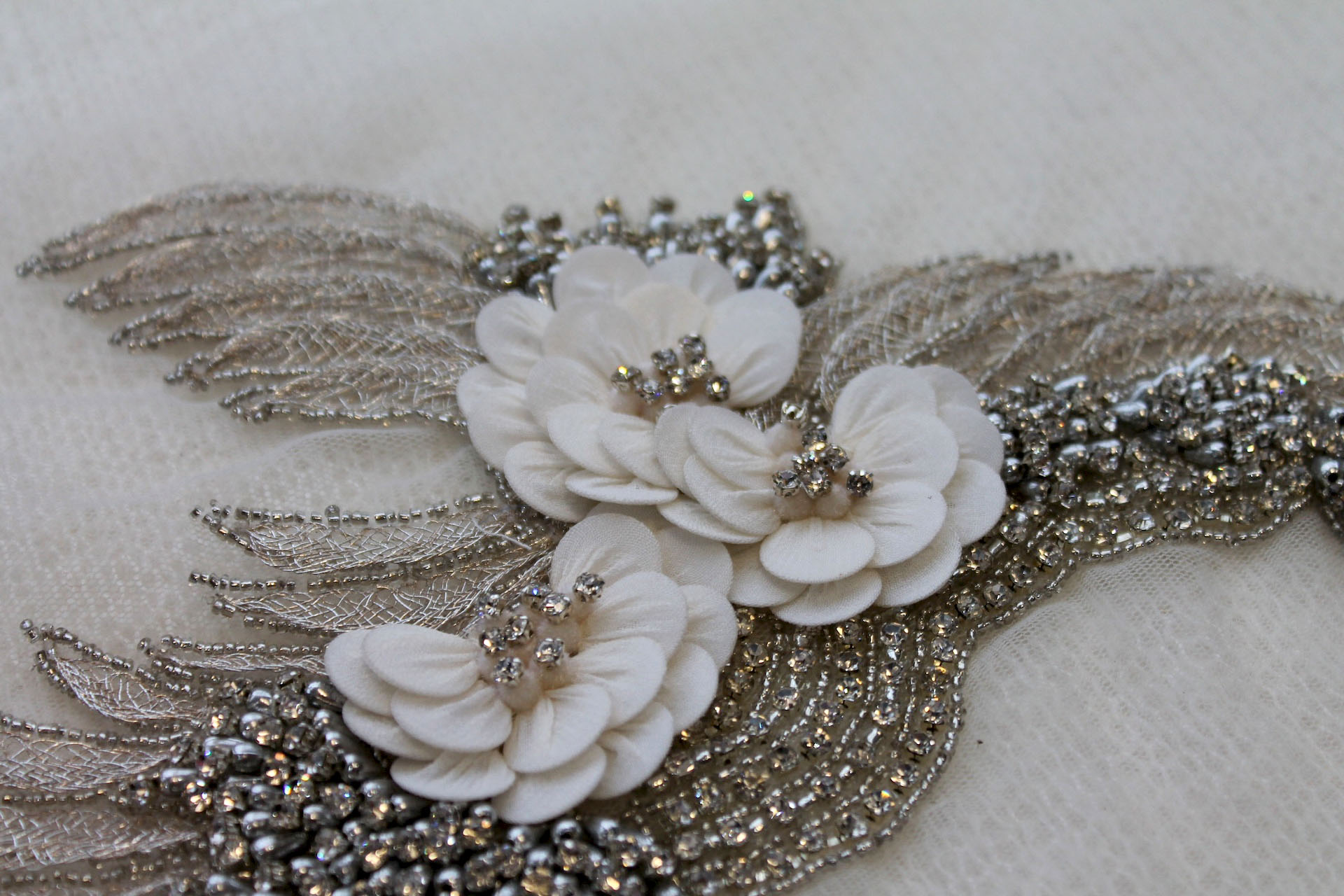 Floral Beaded Diamante Motif in Ivory - Right trim, image 2 of 4