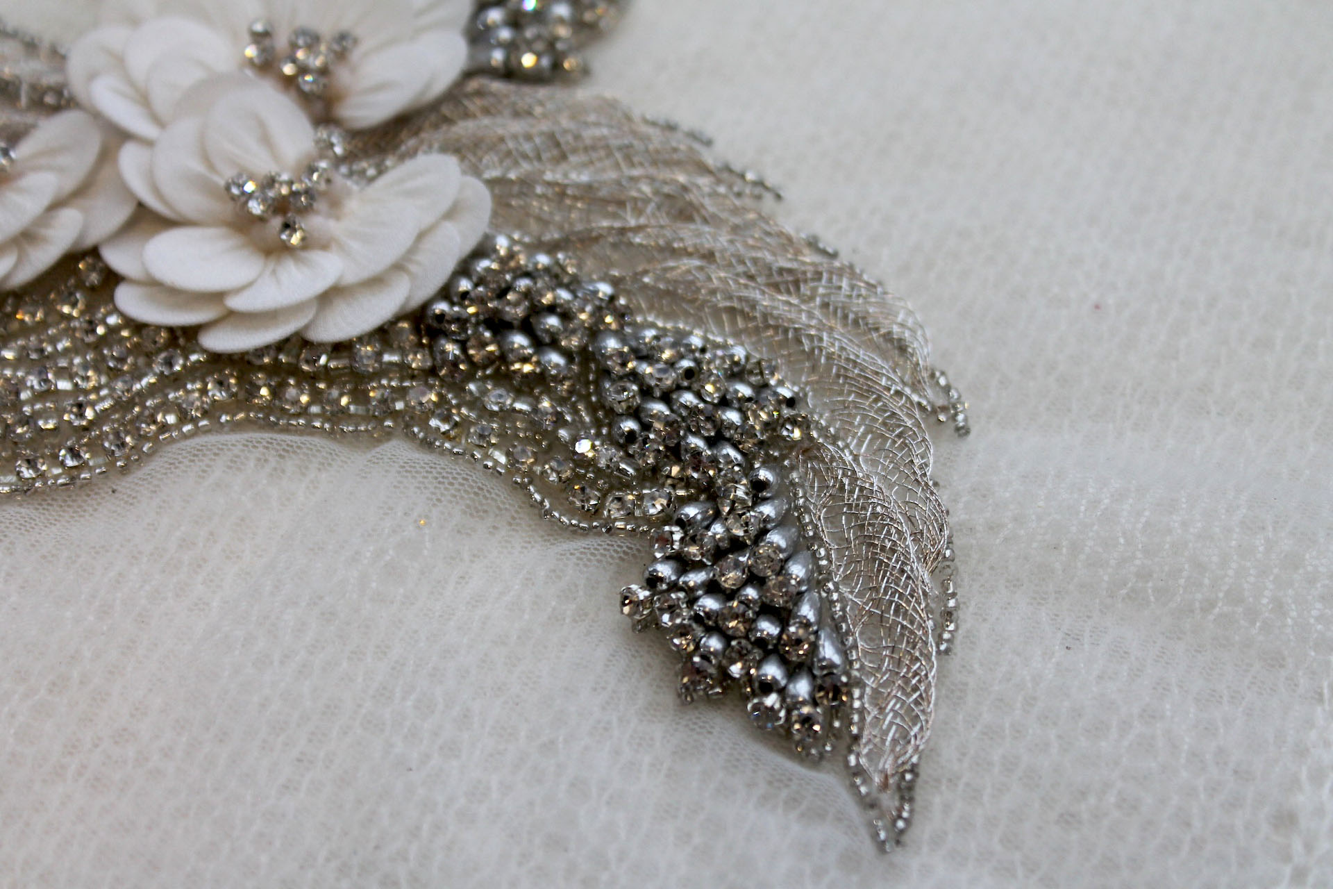 Floral Beaded Diamante Motif in Ivory - Right trim, image 3 of 4