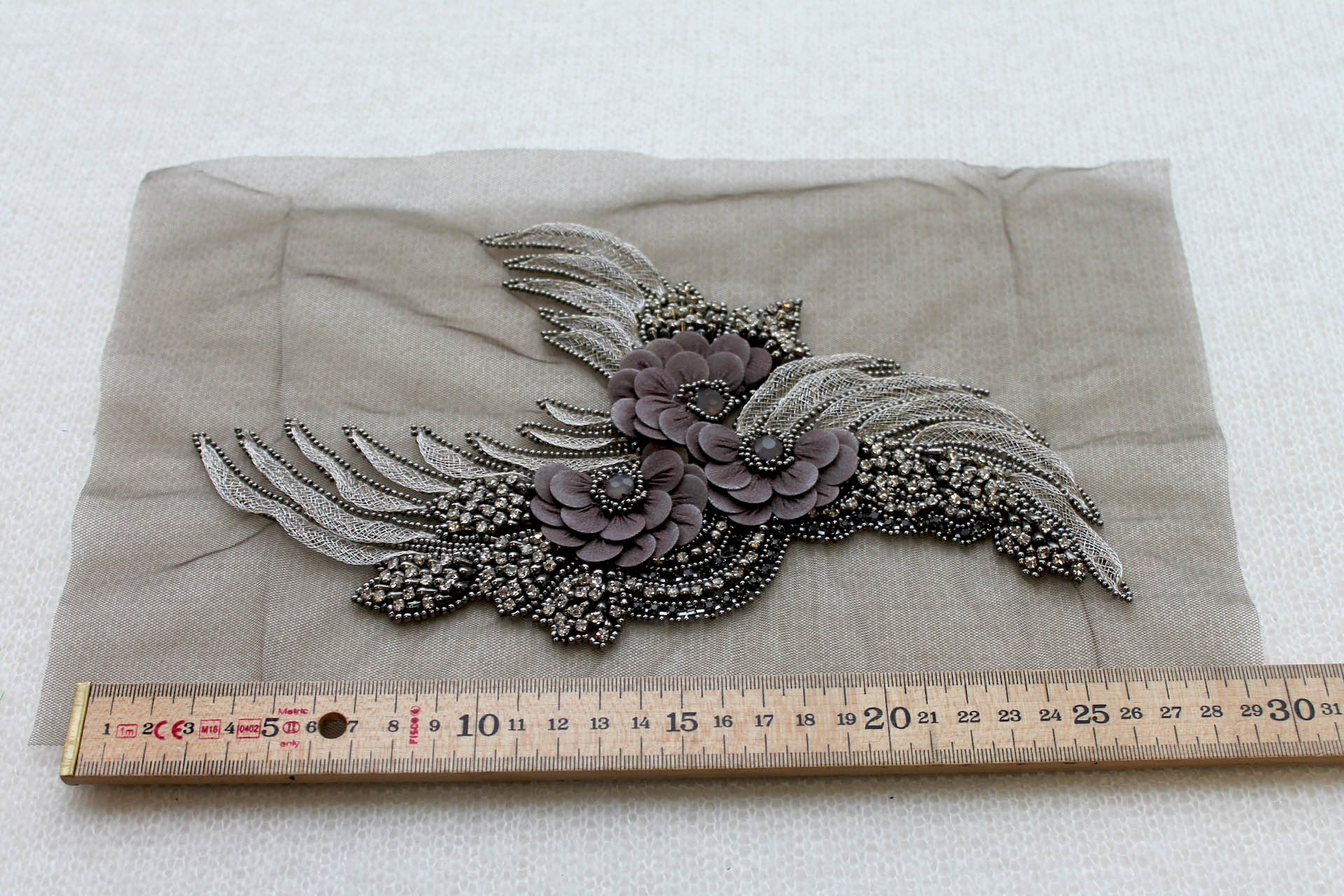 Floral Beaded Diamante Motif in Anthracite / Grey - Right trim
