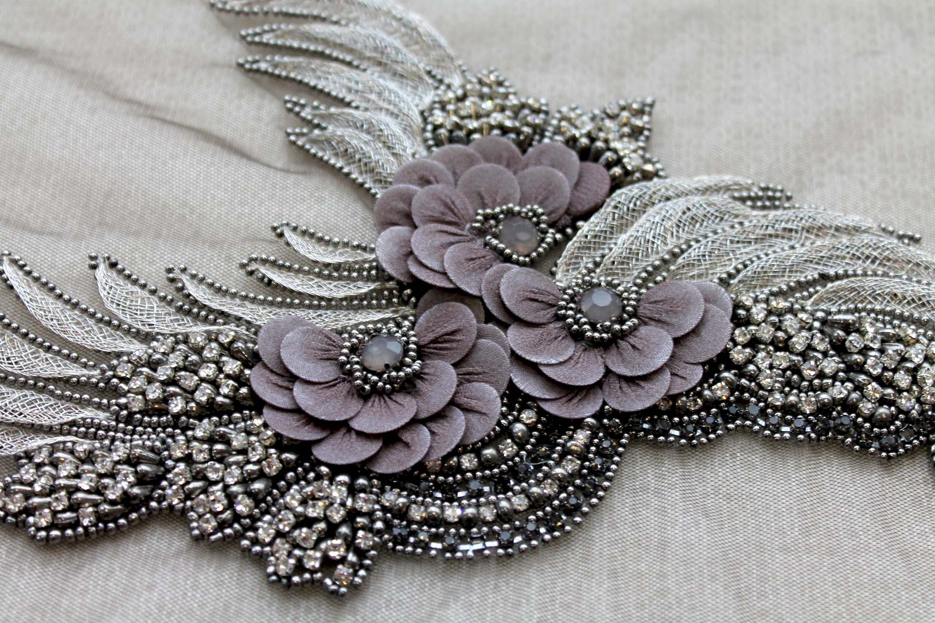 Floral Beaded Diamante Motif in Anthracite / Grey - Right trim, image 2 of 5