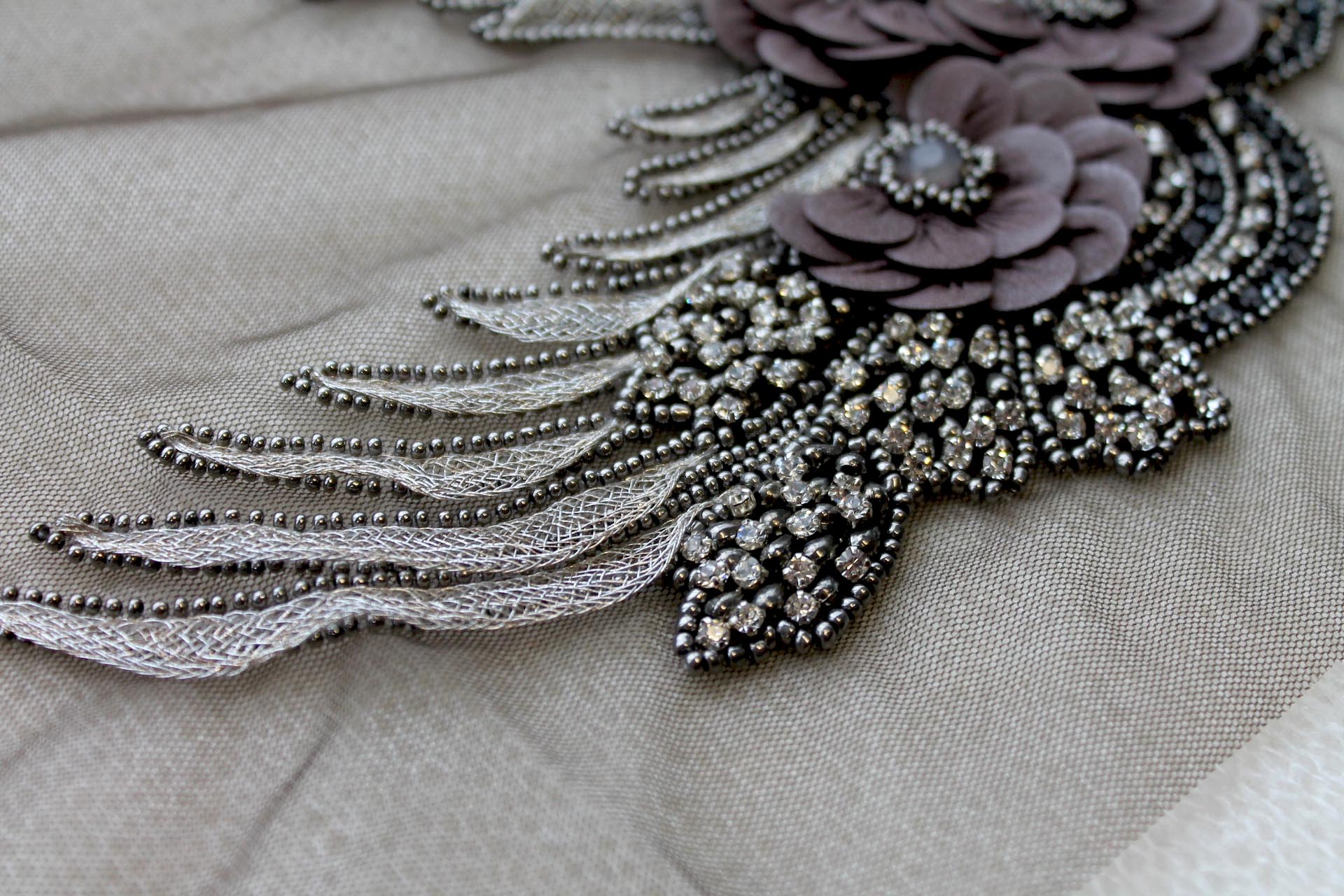 Floral Beaded Diamante Motif in Anthracite / Grey - Right trim, image 3 of 5