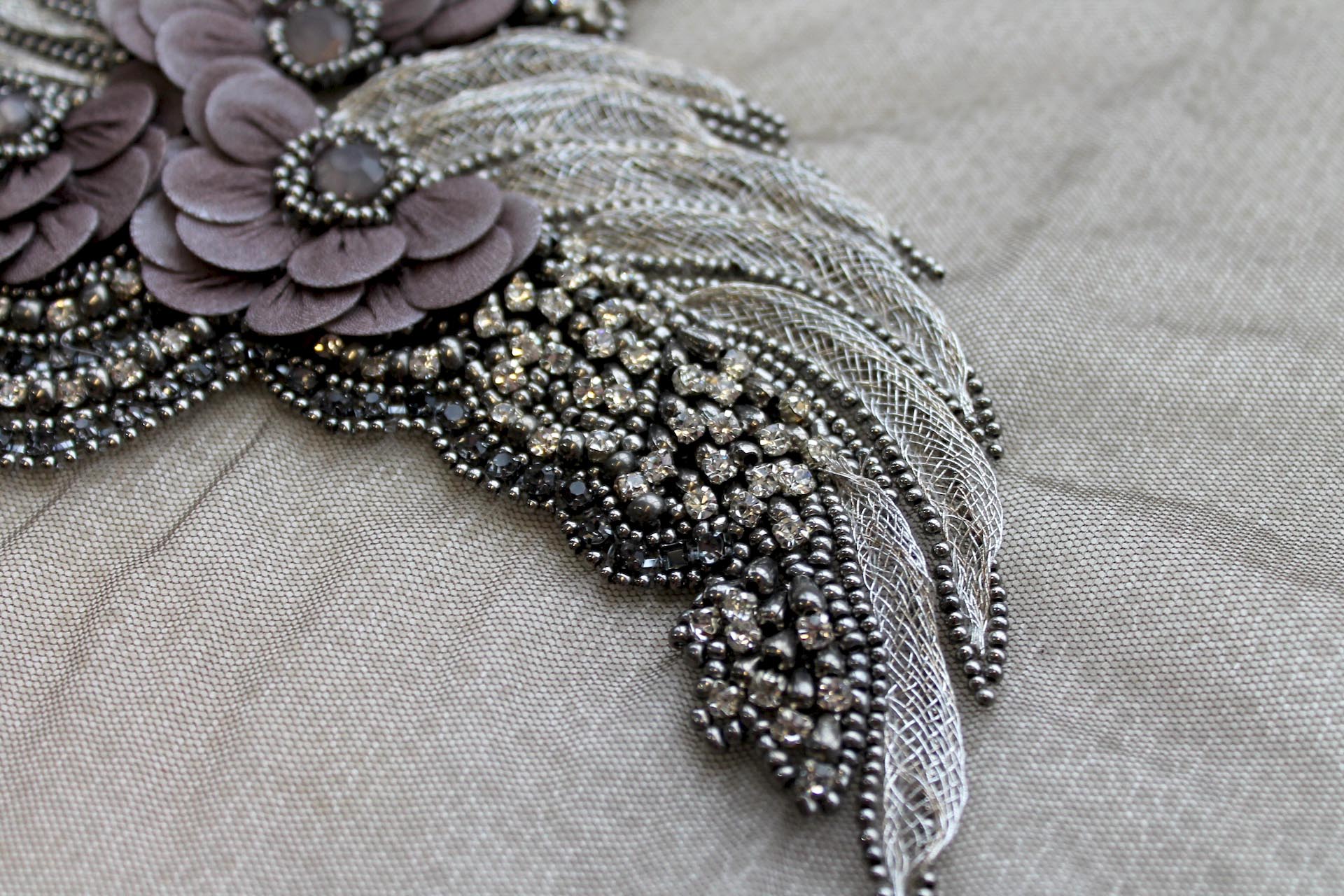 Floral Beaded Diamante Motif in Anthracite / Grey - Right trim, image 4 of 5