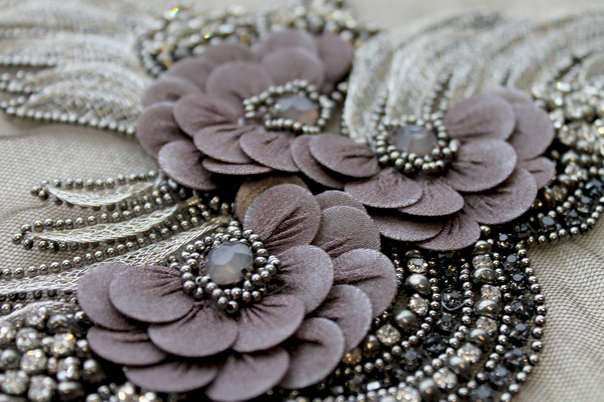 Floral Beaded Diamante Motif in Anthracite / Grey - Right trim, image 5 of 5