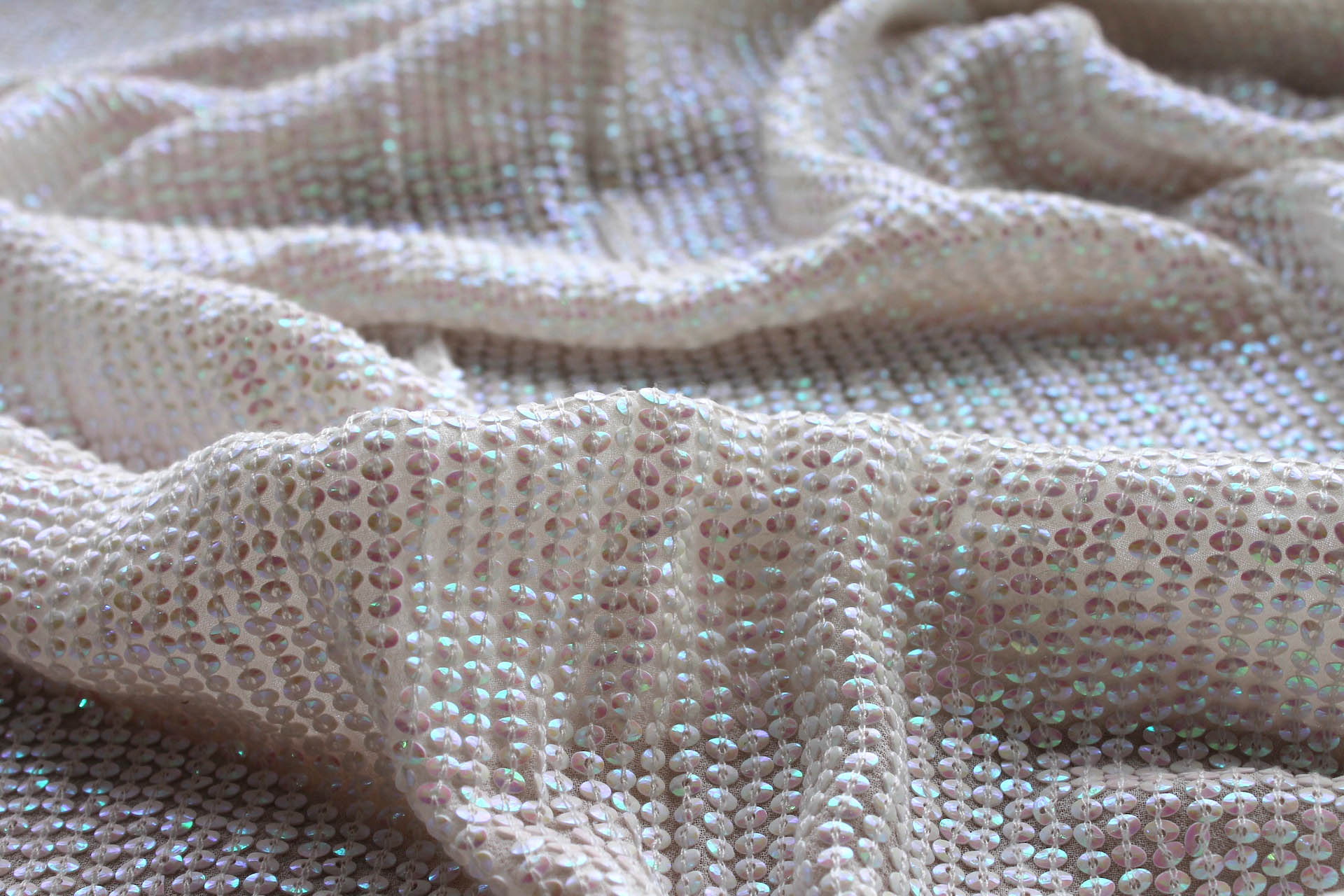 Small Oval Iridescent Ivory Sequin On Silk Chiffon fabric, image 2 of 8