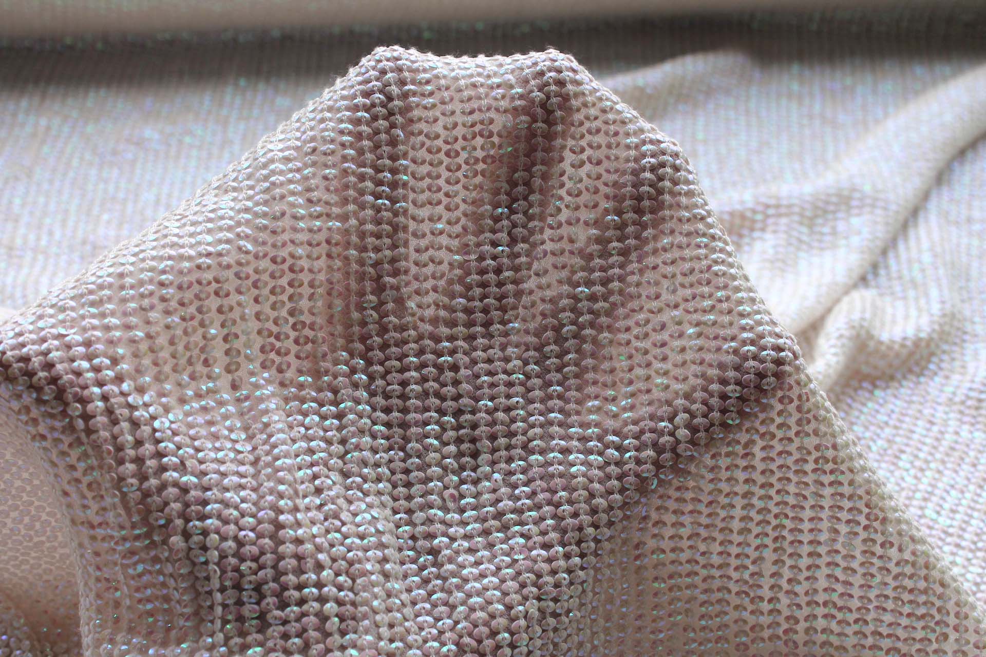 Small Oval Iridescent Ivory Sequin On Silk Chiffon fabric, image 6 of 8