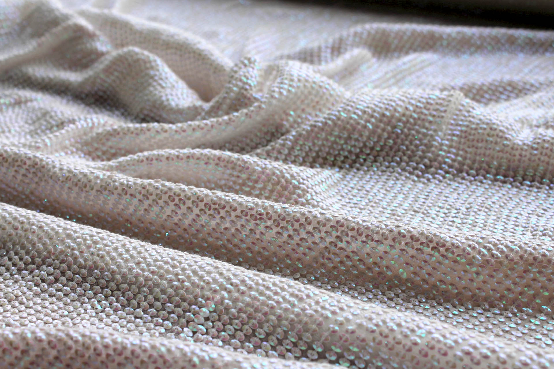 Small Oval Iridescent Ivory Sequin On Silk Chiffon fabric, image 7 of 8