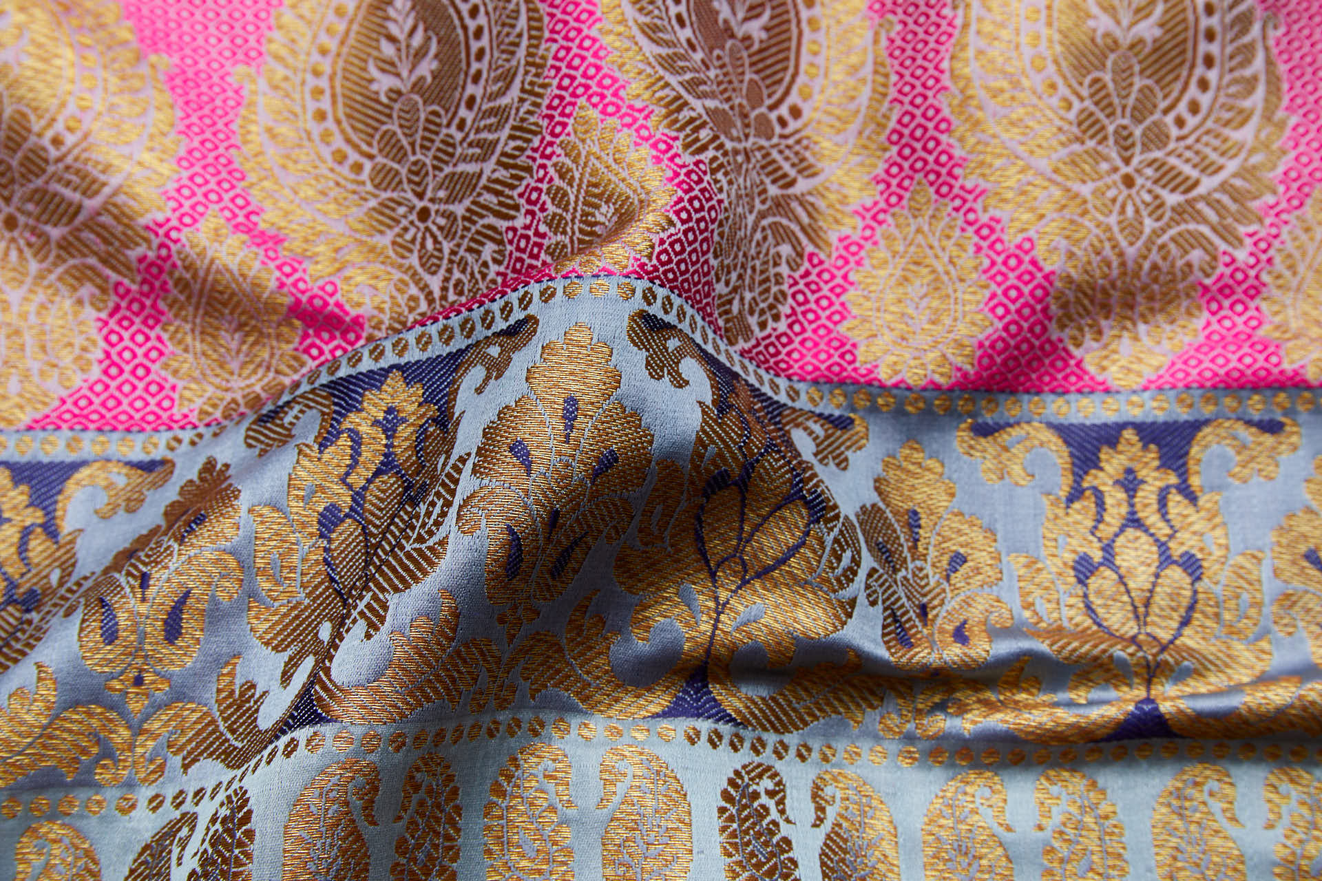 Banaras Brocade - Stripe Paisley in Dusty Blues, Pinks and Navy Blue fabric, image 4 of 13