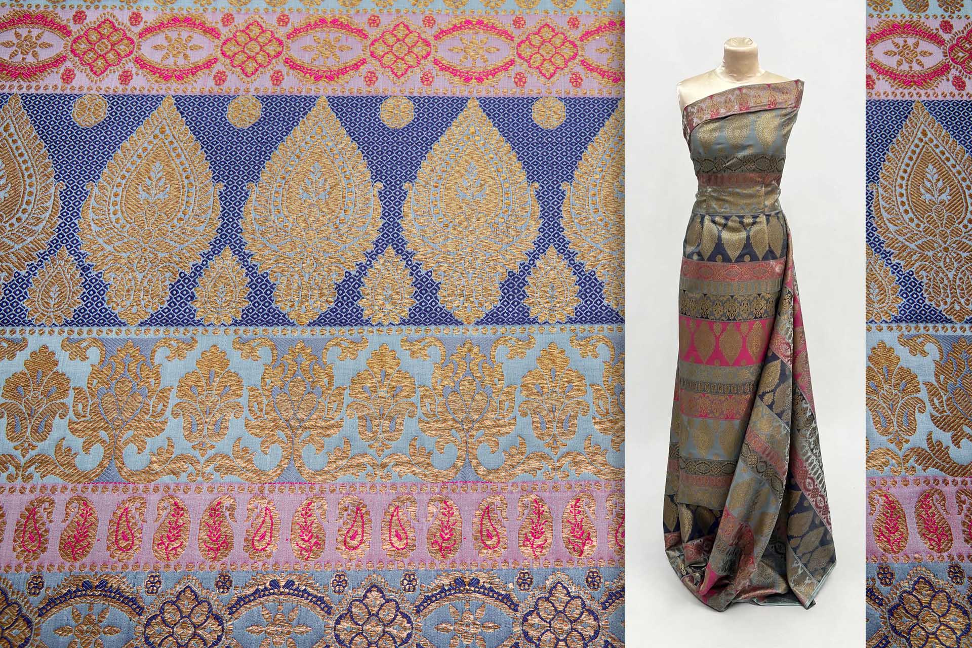 Banaras Brocade - Stripe Paisley in Dusty Blues, Pinks and Navy Blue fabric, image 2 of 13