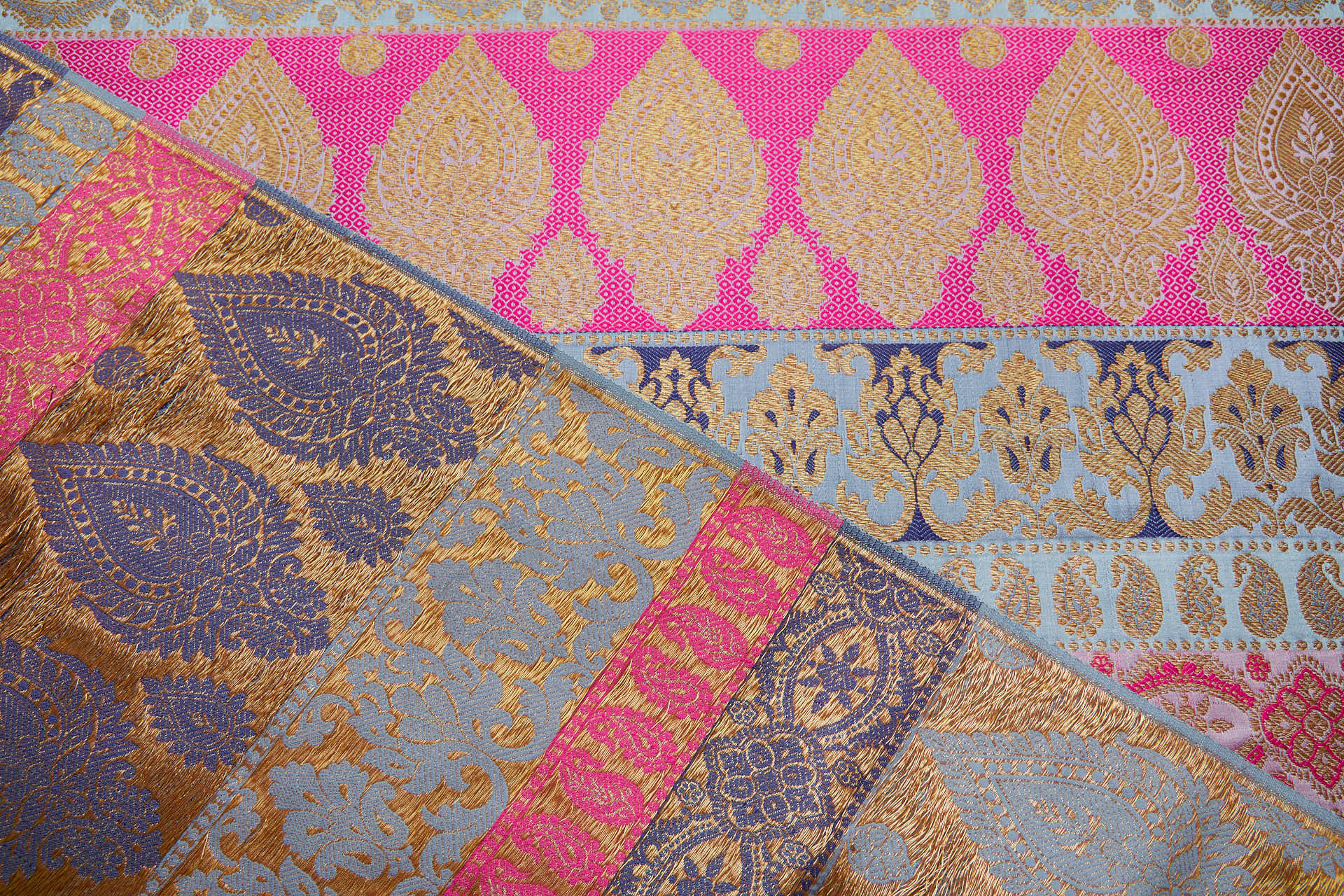 Banaras Brocade - Stripe Paisley in Dusty Blues, Pinks and Navy Blue fabric, image 8 of 13