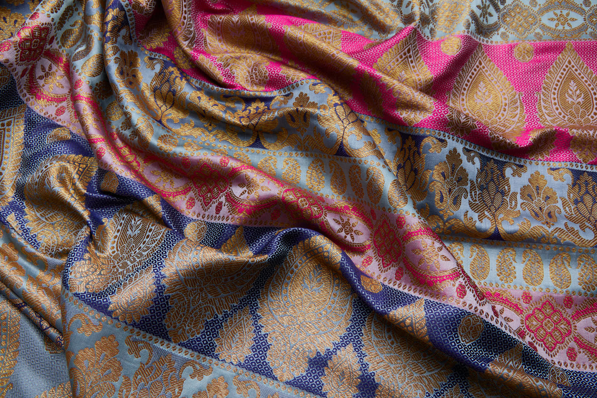 Banaras Brocade - Stripe Paisley in Dusty Blues, Pinks and Navy Blue fabric, image 9 of 13