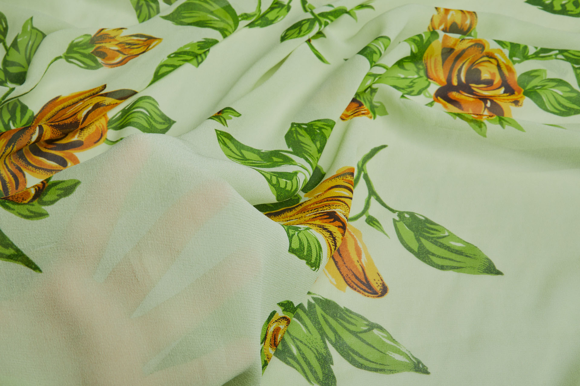 Floral Printed Silk Chiffon - Greens and Yellow fabric, image 5 of 8