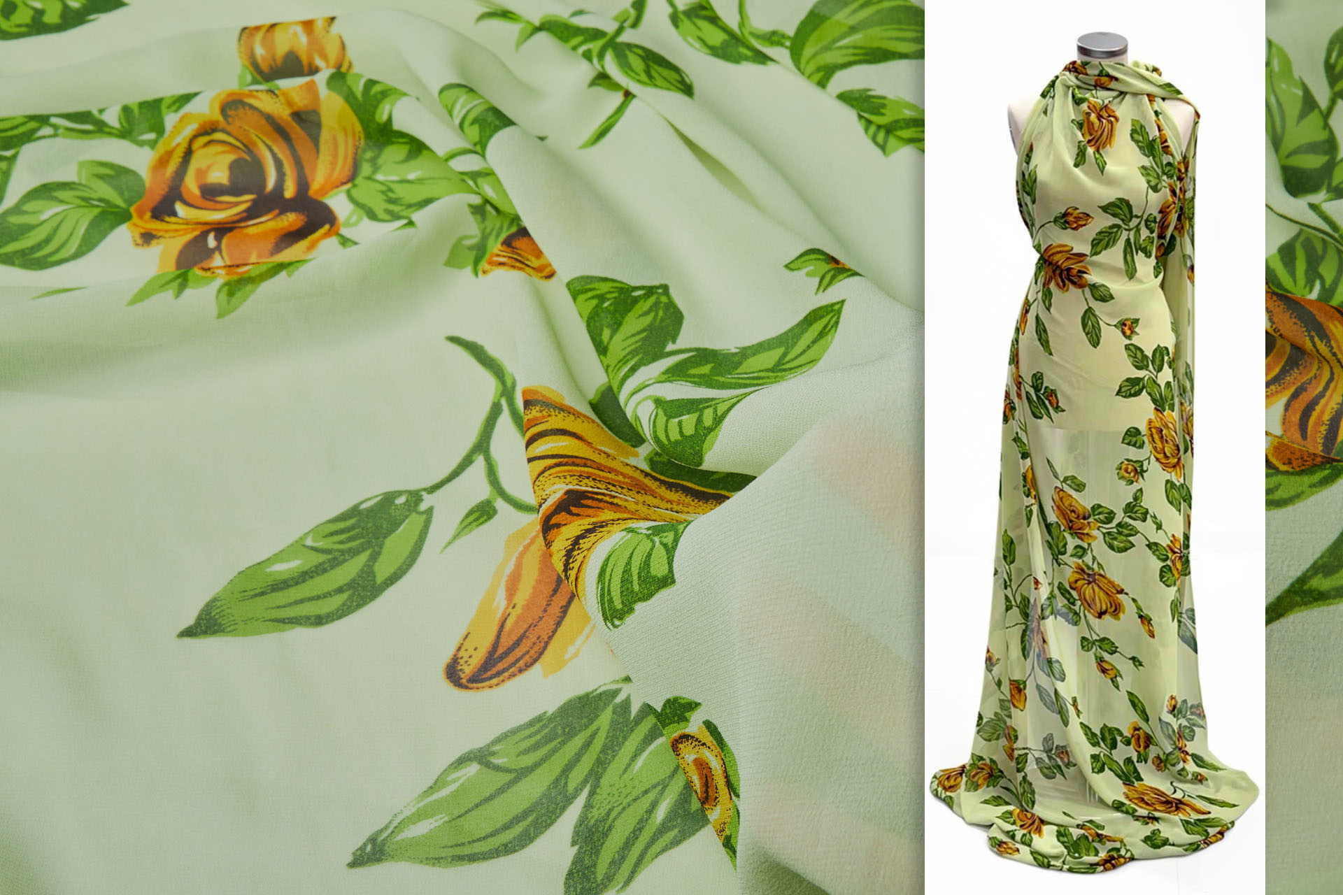 Floral Printed Silk Chiffon - Greens and Yellow fabric, image 2 of 8