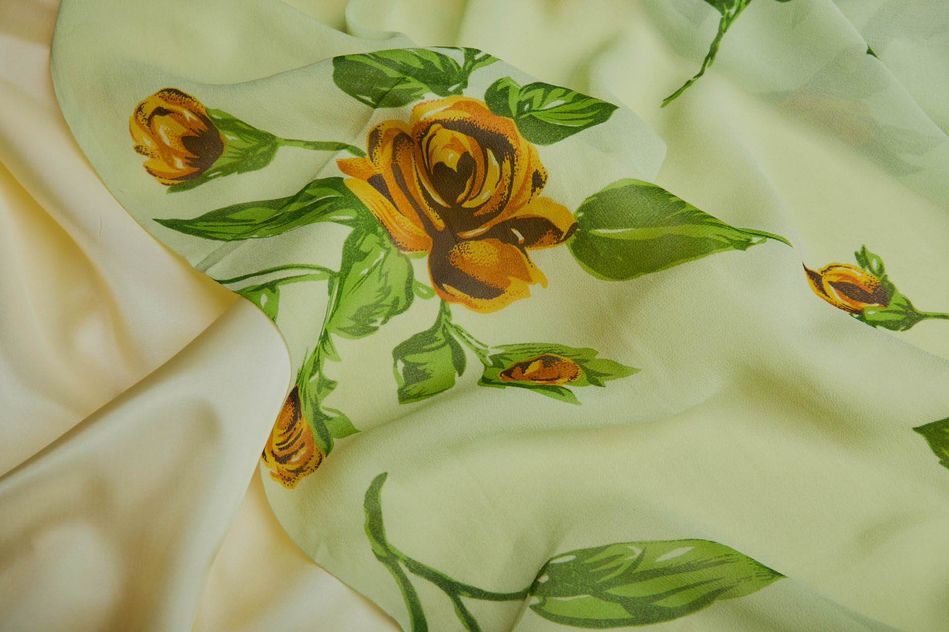 Floral Printed Silk Chiffon - Greens and Yellow fabric, image 7 of 8