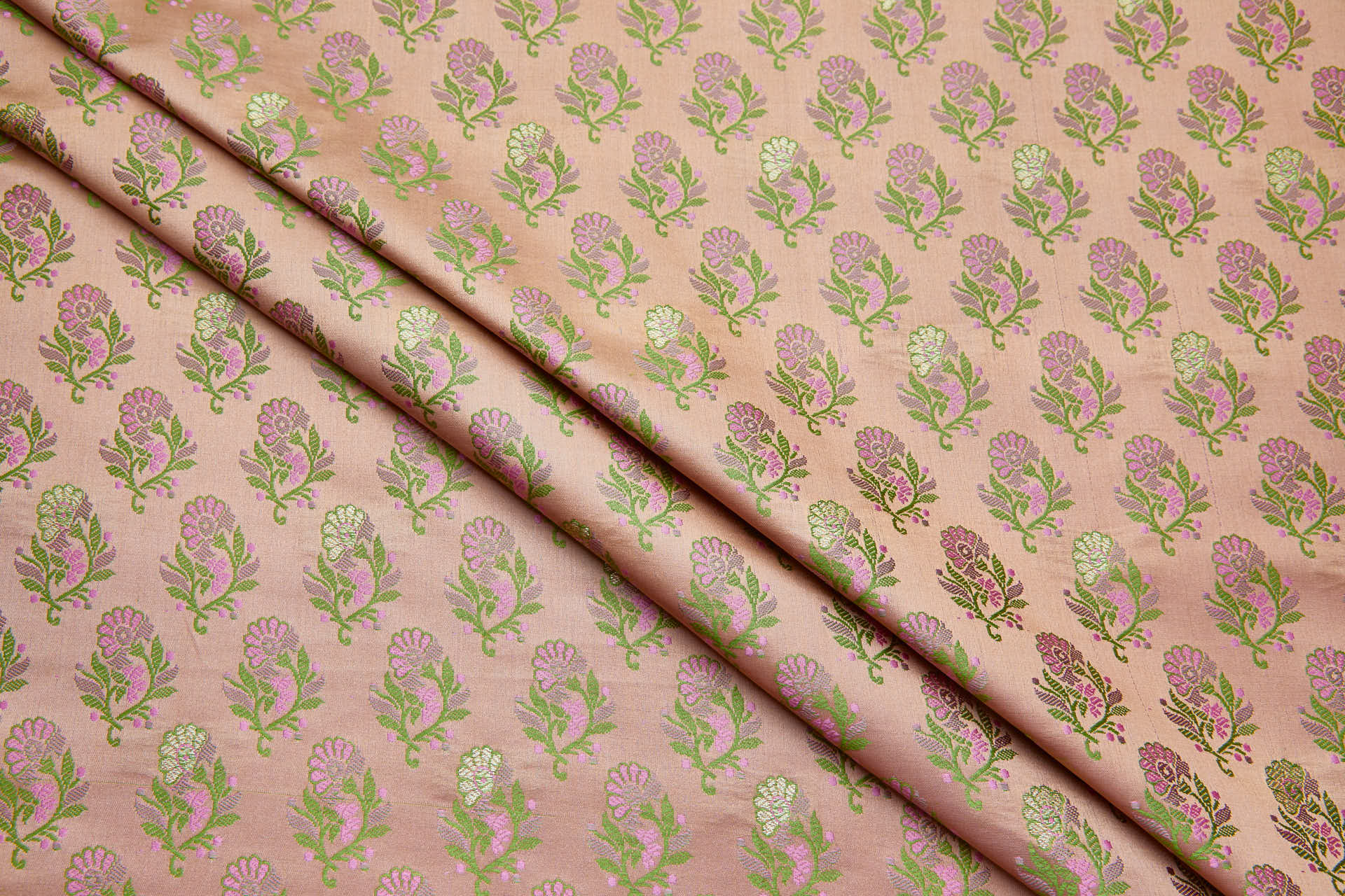 Soft Banaras Brocade - Peach, Green and Pink fabric, image 3 of 7