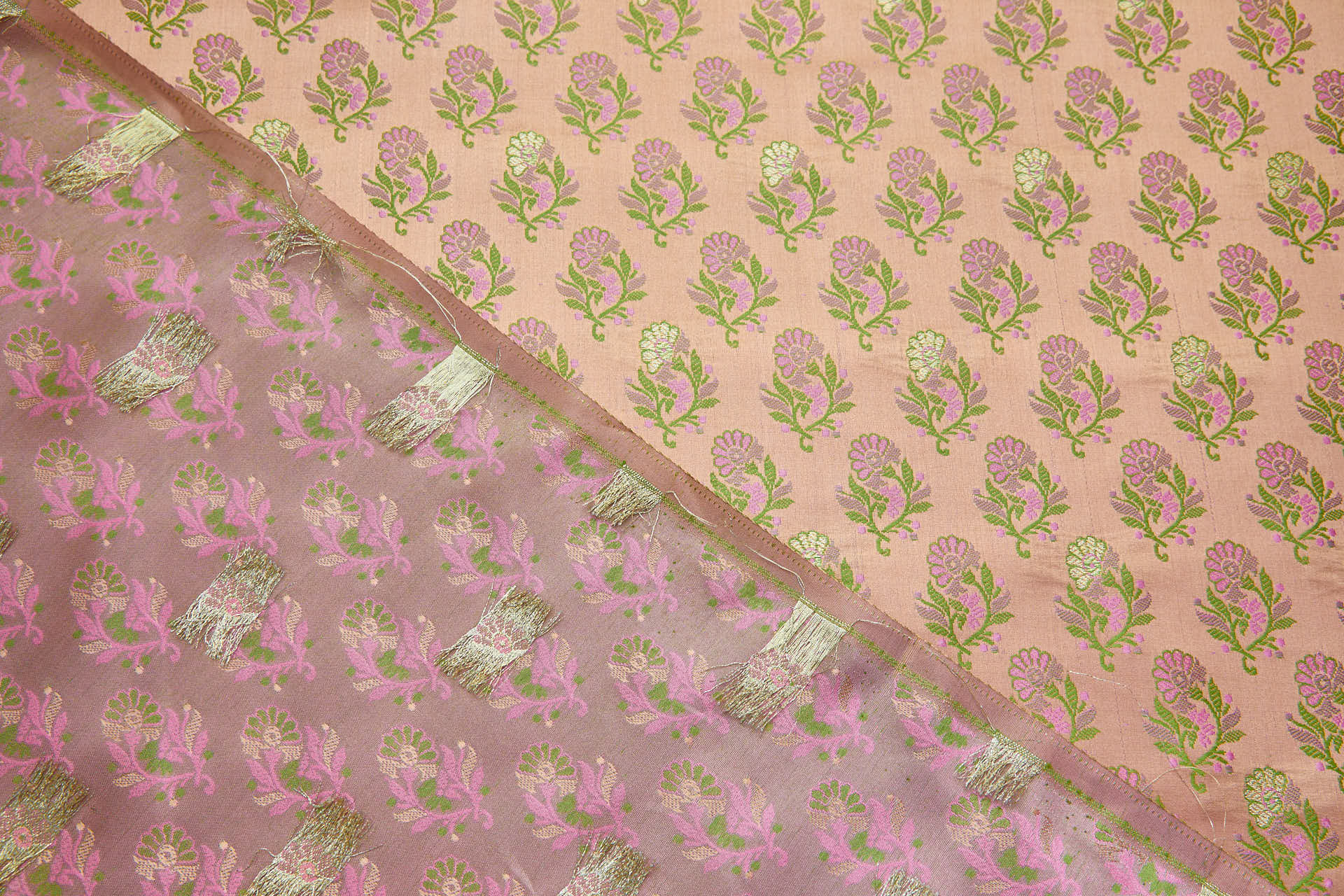 Soft Banaras Brocade - Peach, Green and Pink fabric, image 4 of 7