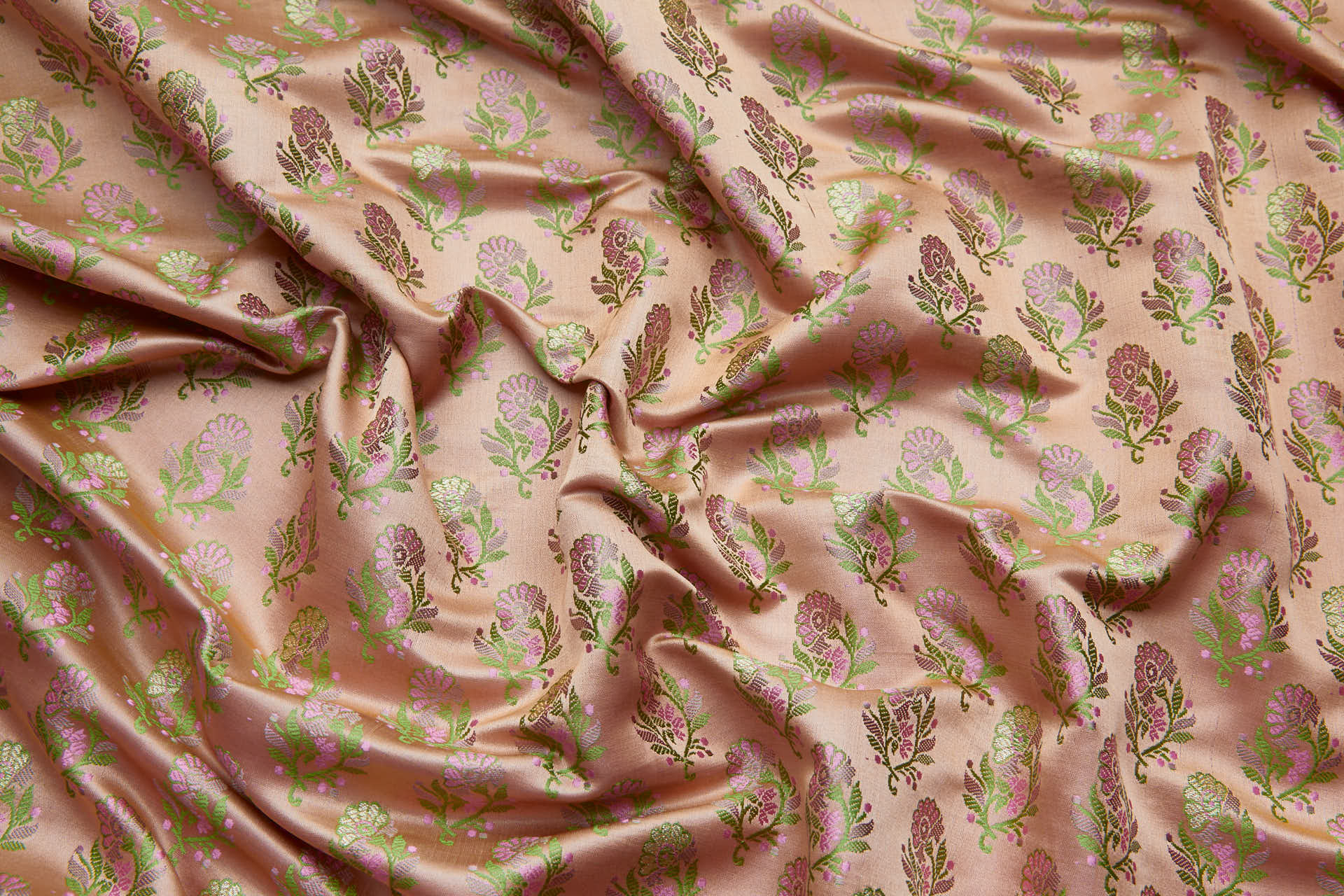Soft Banaras Brocade - Peach, Green and Pink fabric, image 5 of 7