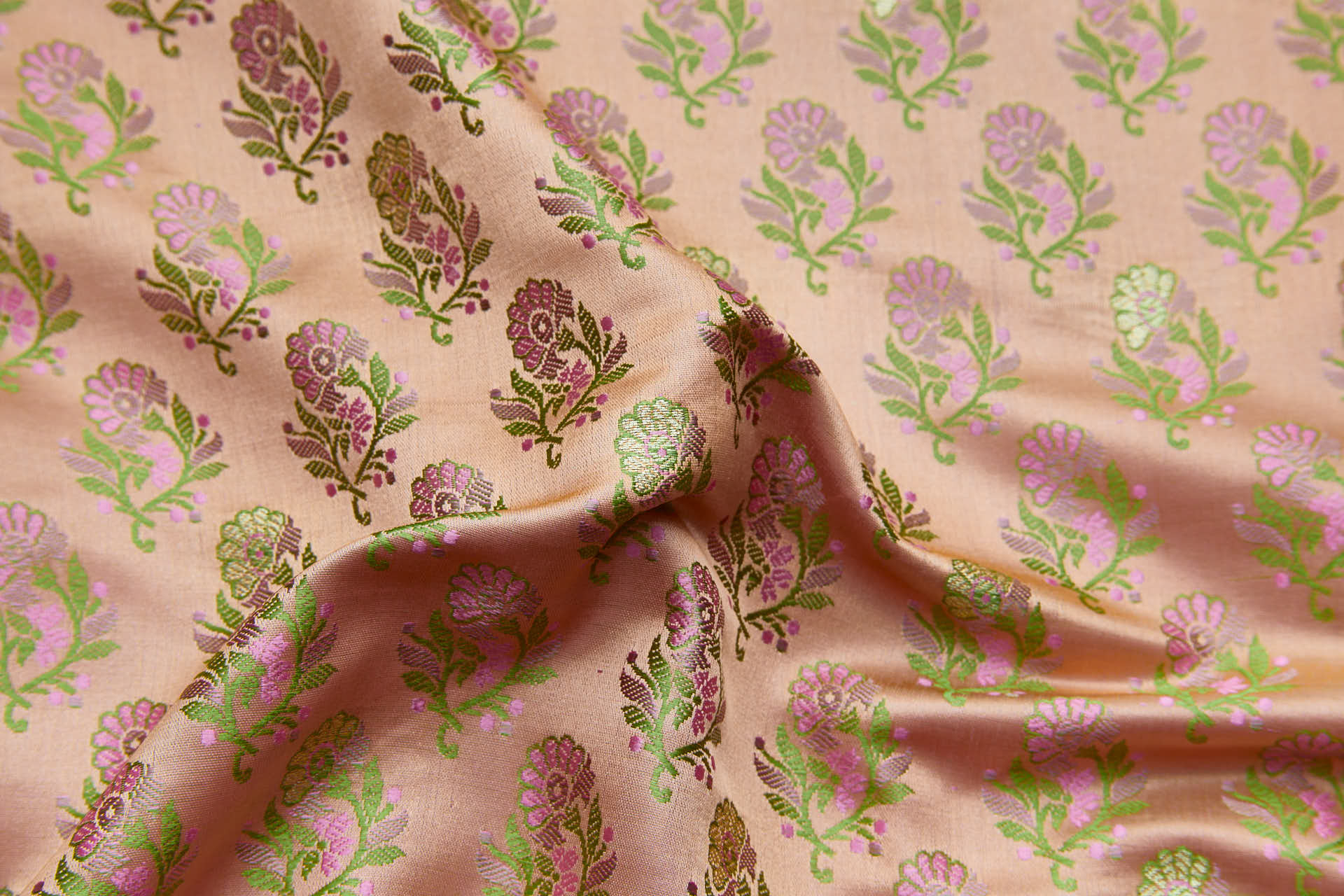 Soft Banaras Brocade - Peach, Green and Pink fabric, image 2 of 7