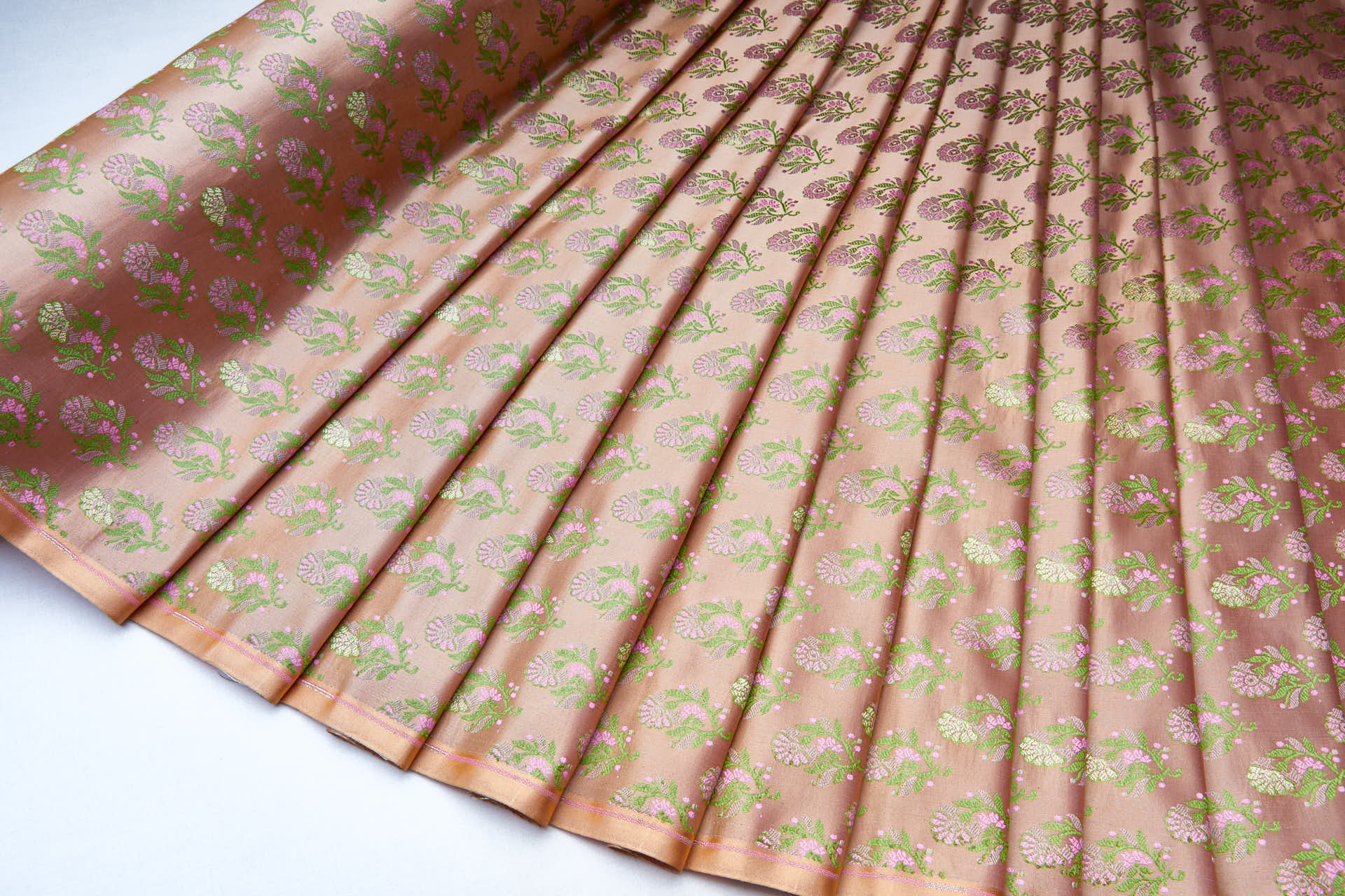 Soft Banaras Brocade - Peach, Green and Pink fabric
