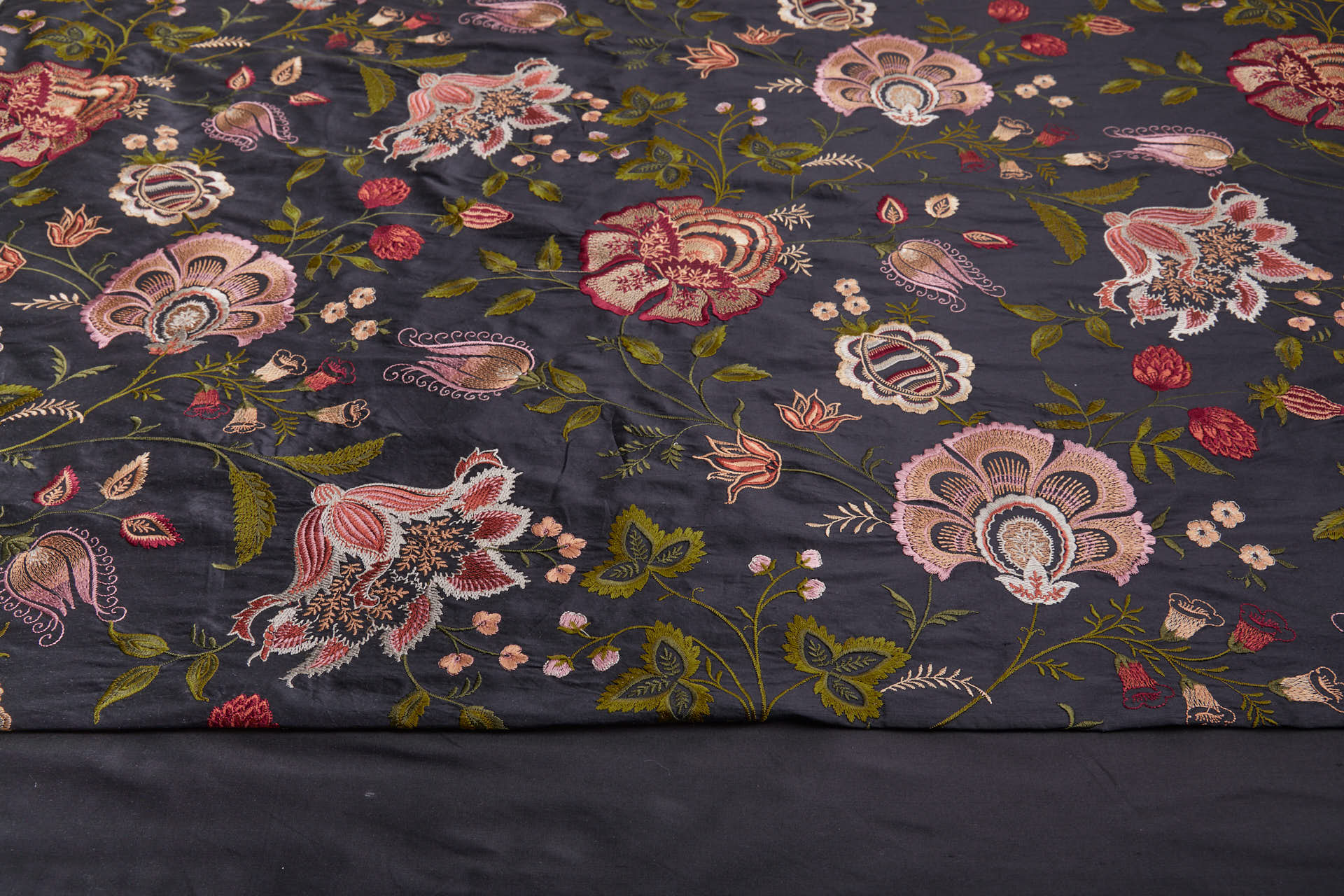 Large Floral Embroidery on Black Silk Dupion fabric, image 11 of 11