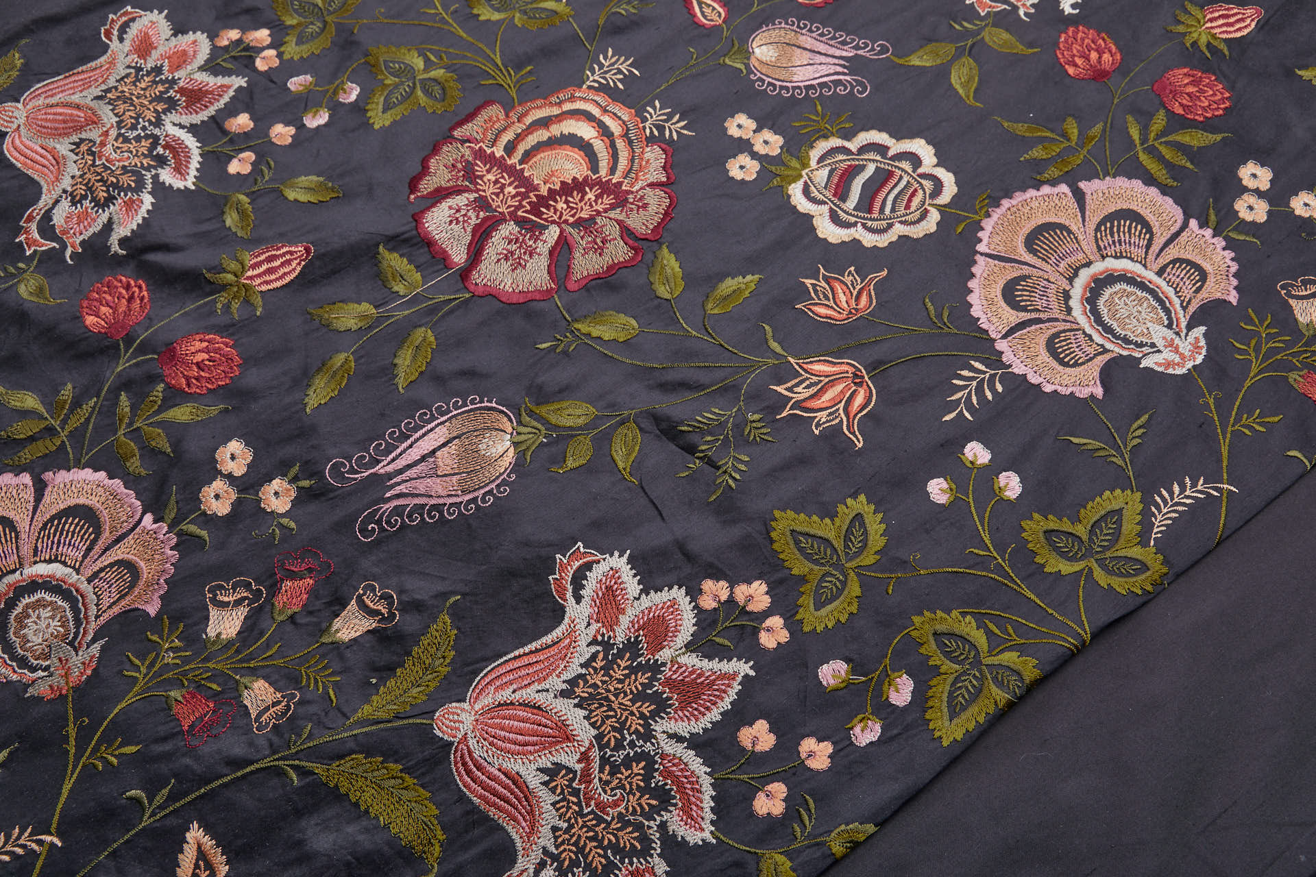 Large Floral Embroidery on Black Silk Dupion fabric