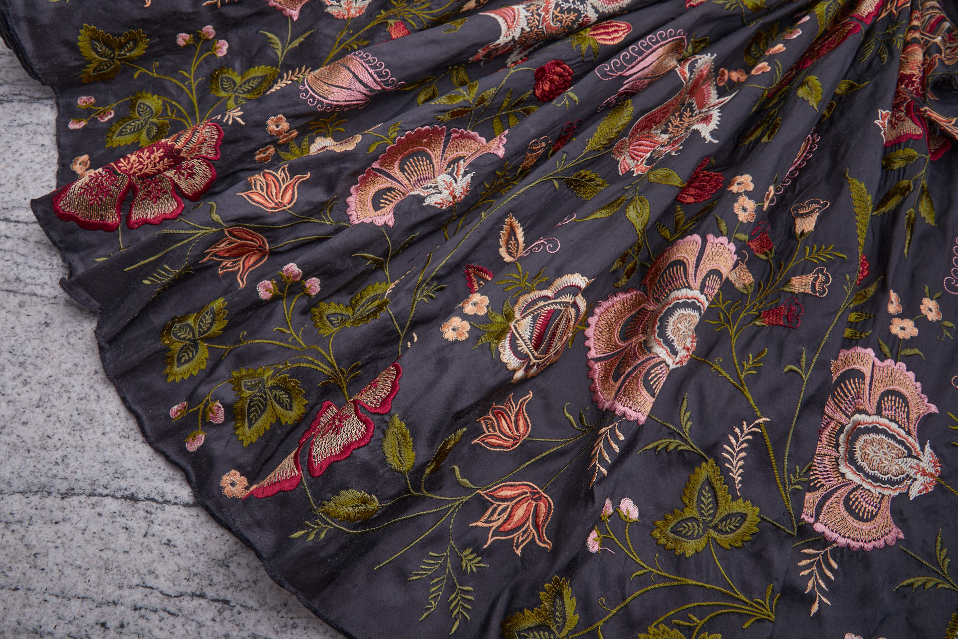 Large Floral Embroidery on Black Silk Dupion fabric, image 10 of 11
