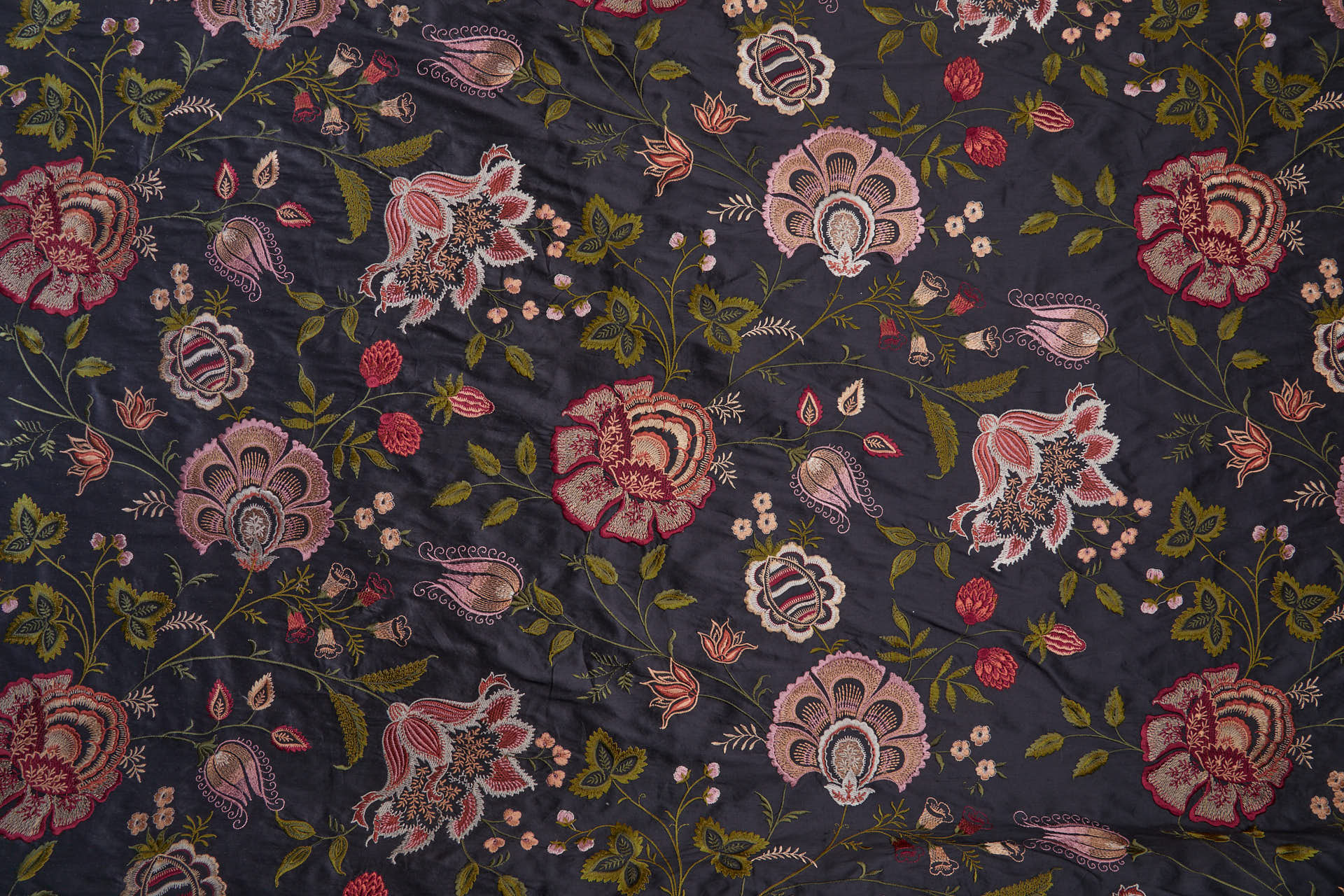 Large Floral Embroidery on Black Silk Dupion fabric, image 4 of 11