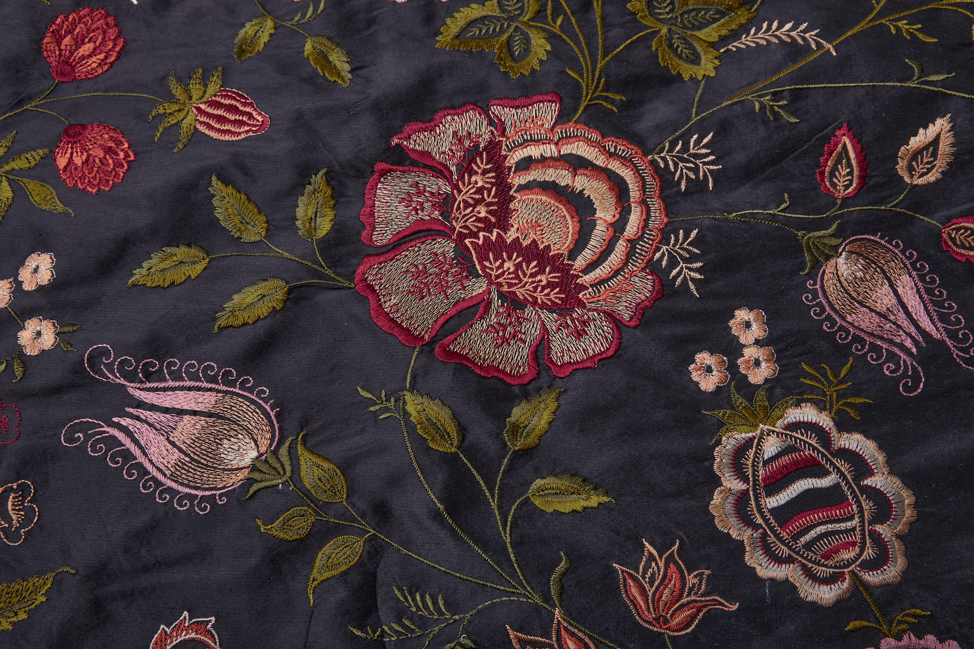 Large Floral Embroidery on Black Silk Dupion fabric, image 2 of 11