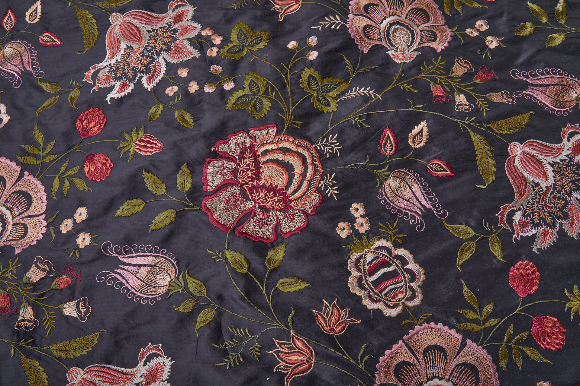 Large Floral Embroidery on Black Silk Dupion fabric, image 5 of 11