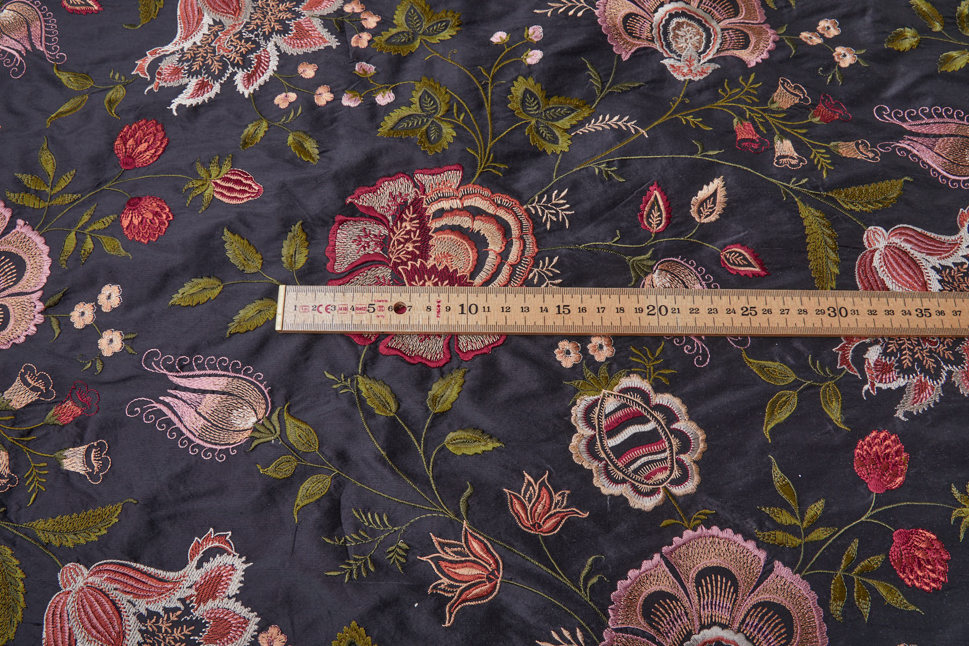 Large Floral Embroidery on Black Silk Dupion fabric, image 6 of 11