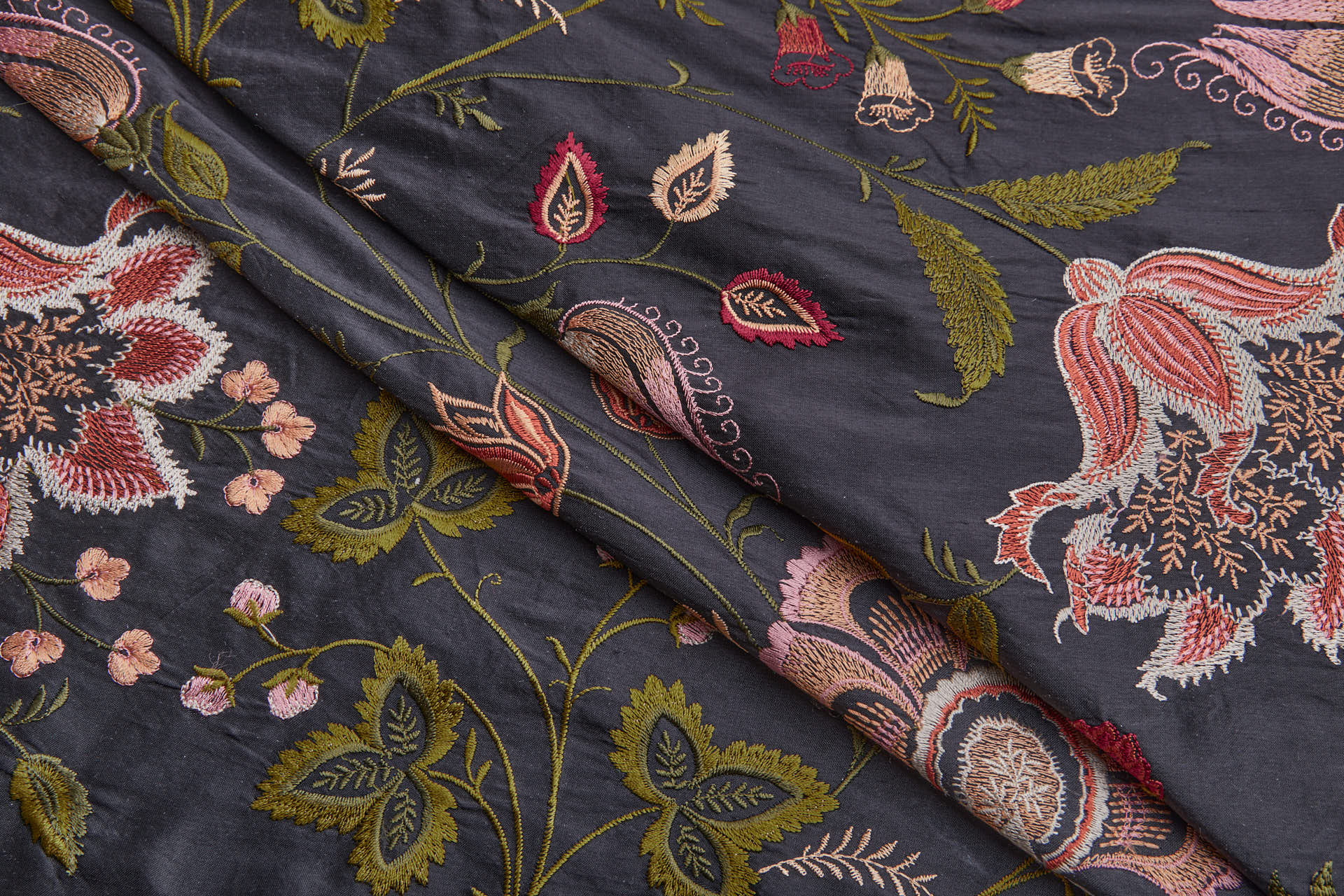 Large Floral Embroidery on Black Silk Dupion fabric, image 7 of 11