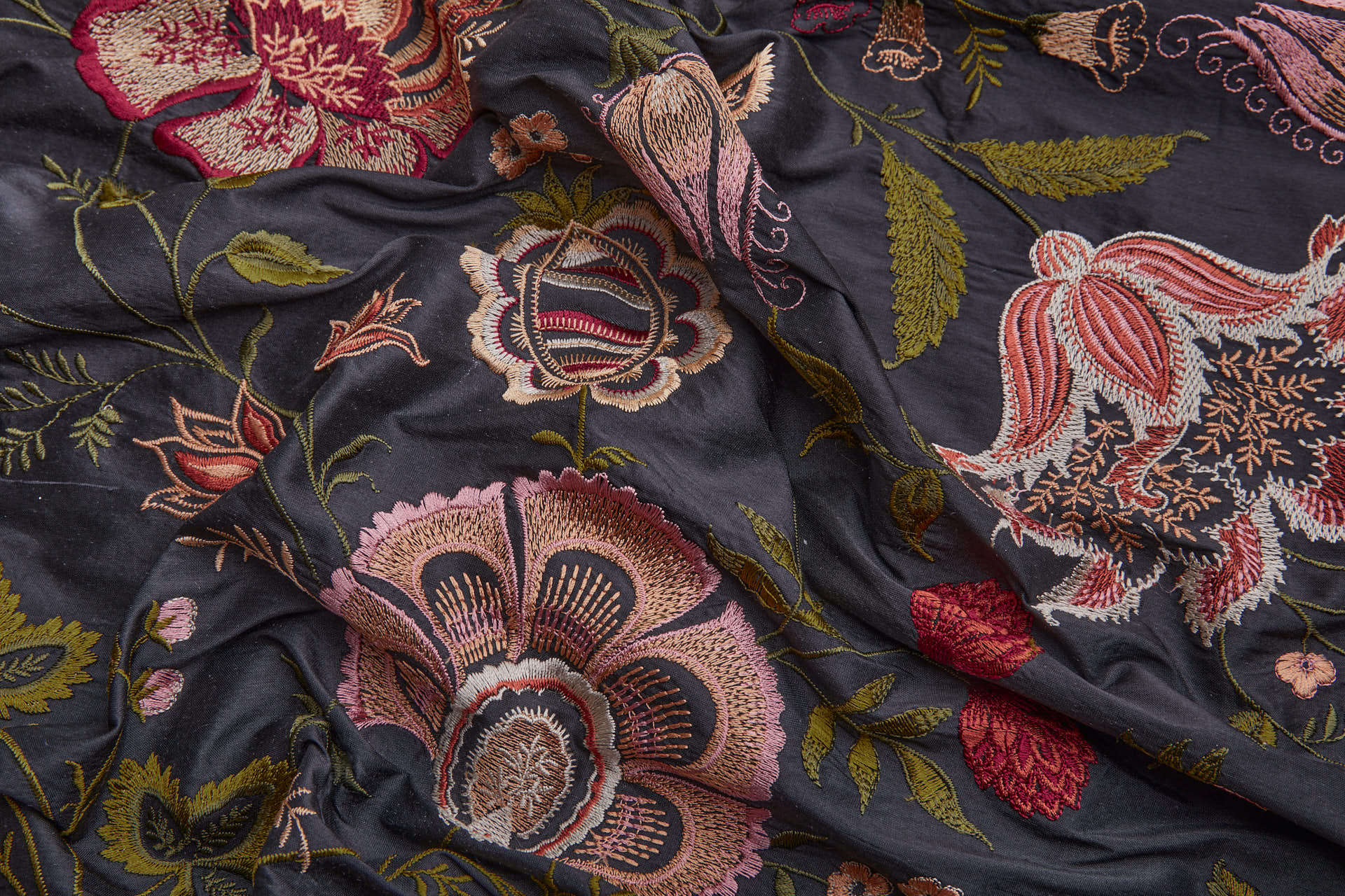 Large Floral Embroidery on Black Silk Dupion fabric, image 8 of 11