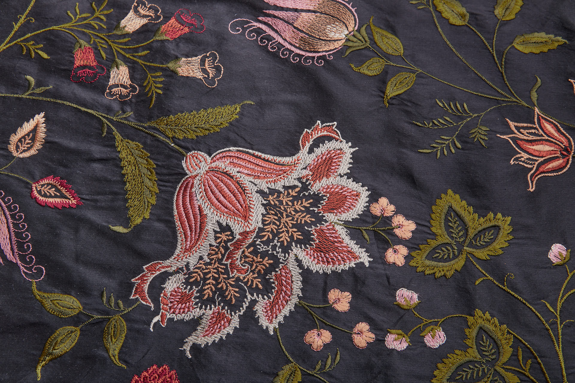 Large Floral Embroidery on Black Silk Dupion fabric, image 3 of 11