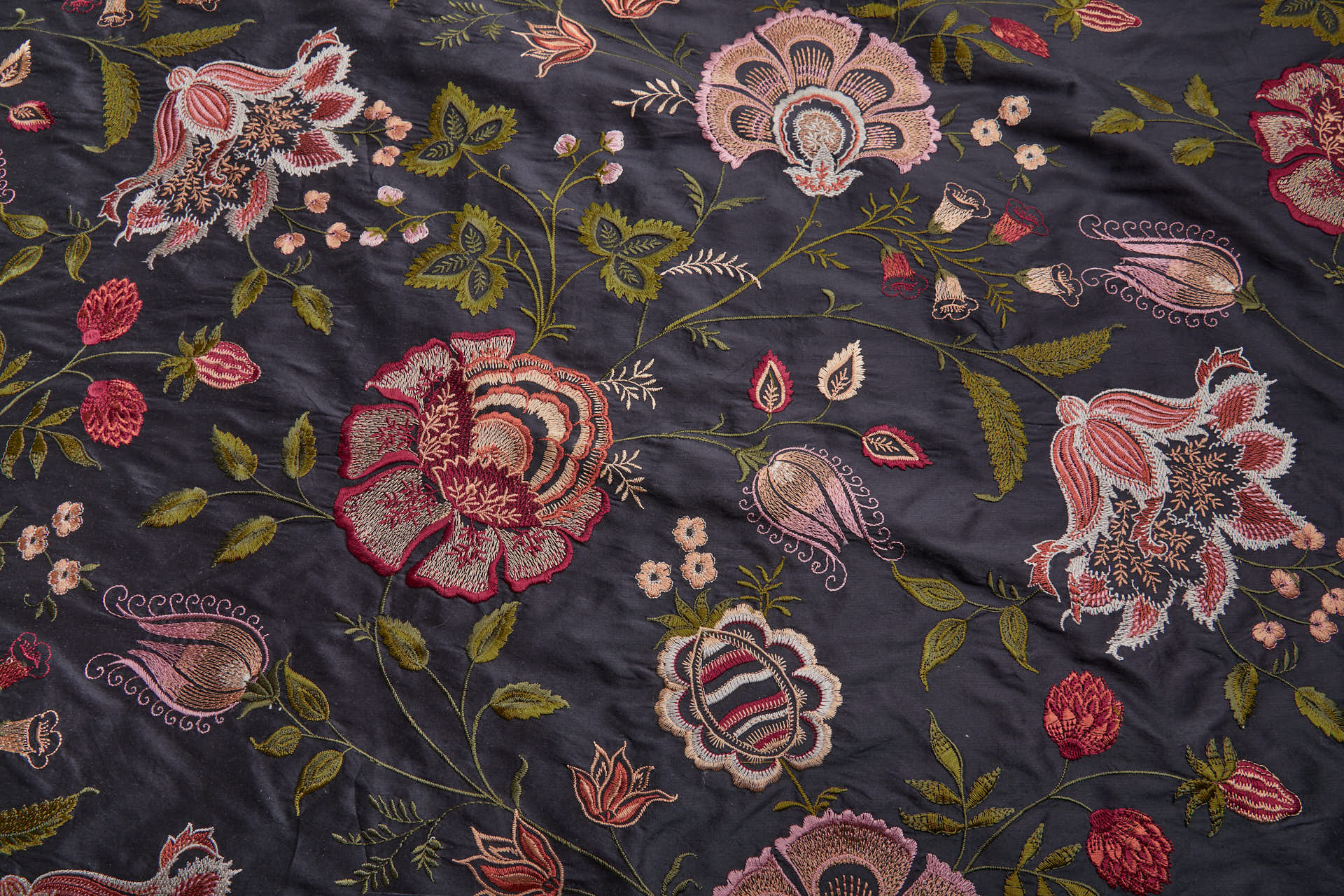 Large Floral Embroidery on Black Silk Dupion fabric, image 9 of 11