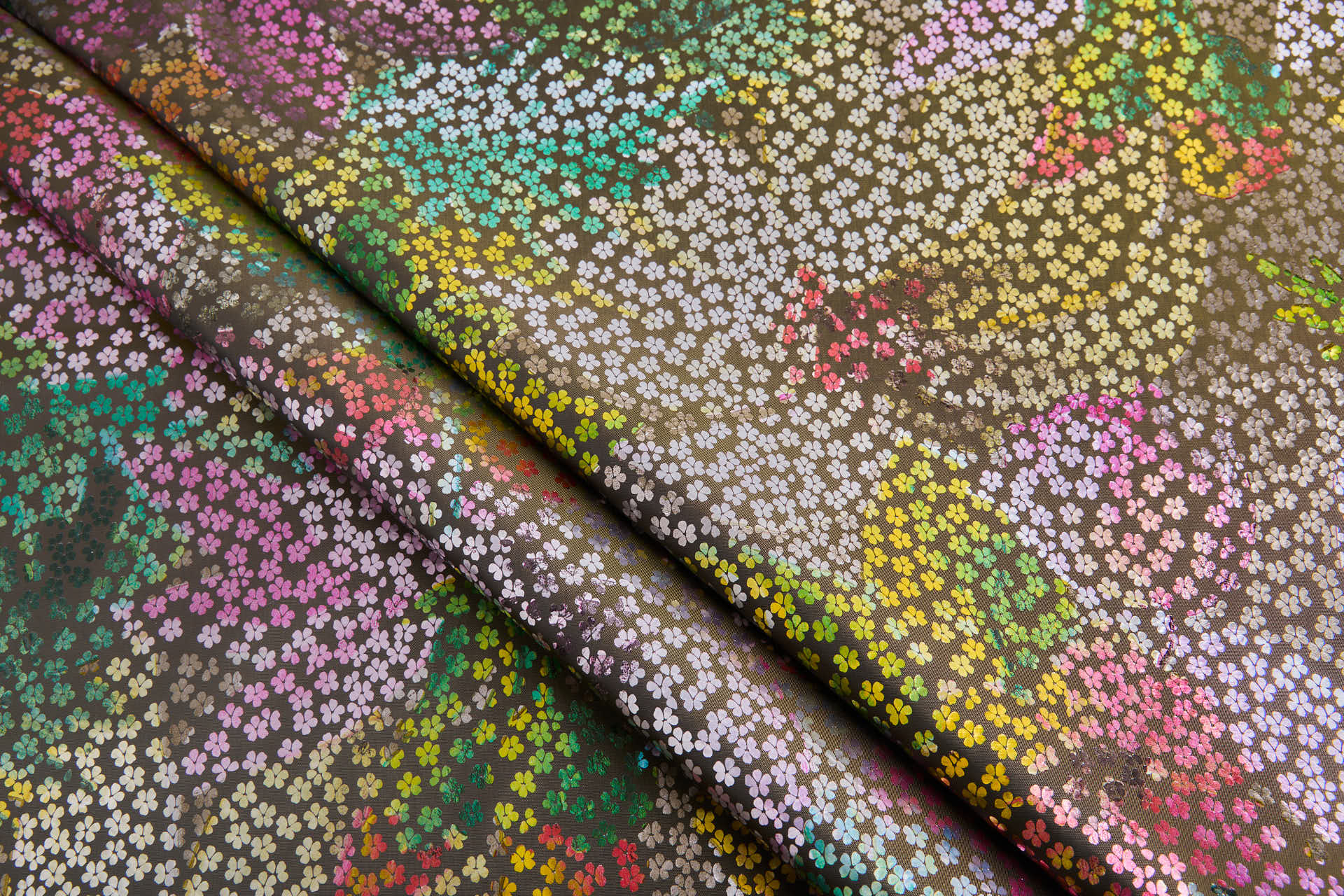 Floral Foil Printed Olive Taffeta fabric, image 4 of 8