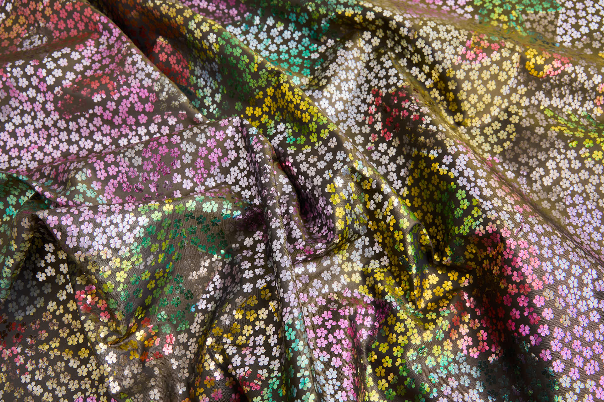 Floral Foil Printed Olive Taffeta fabric, image 5 of 8