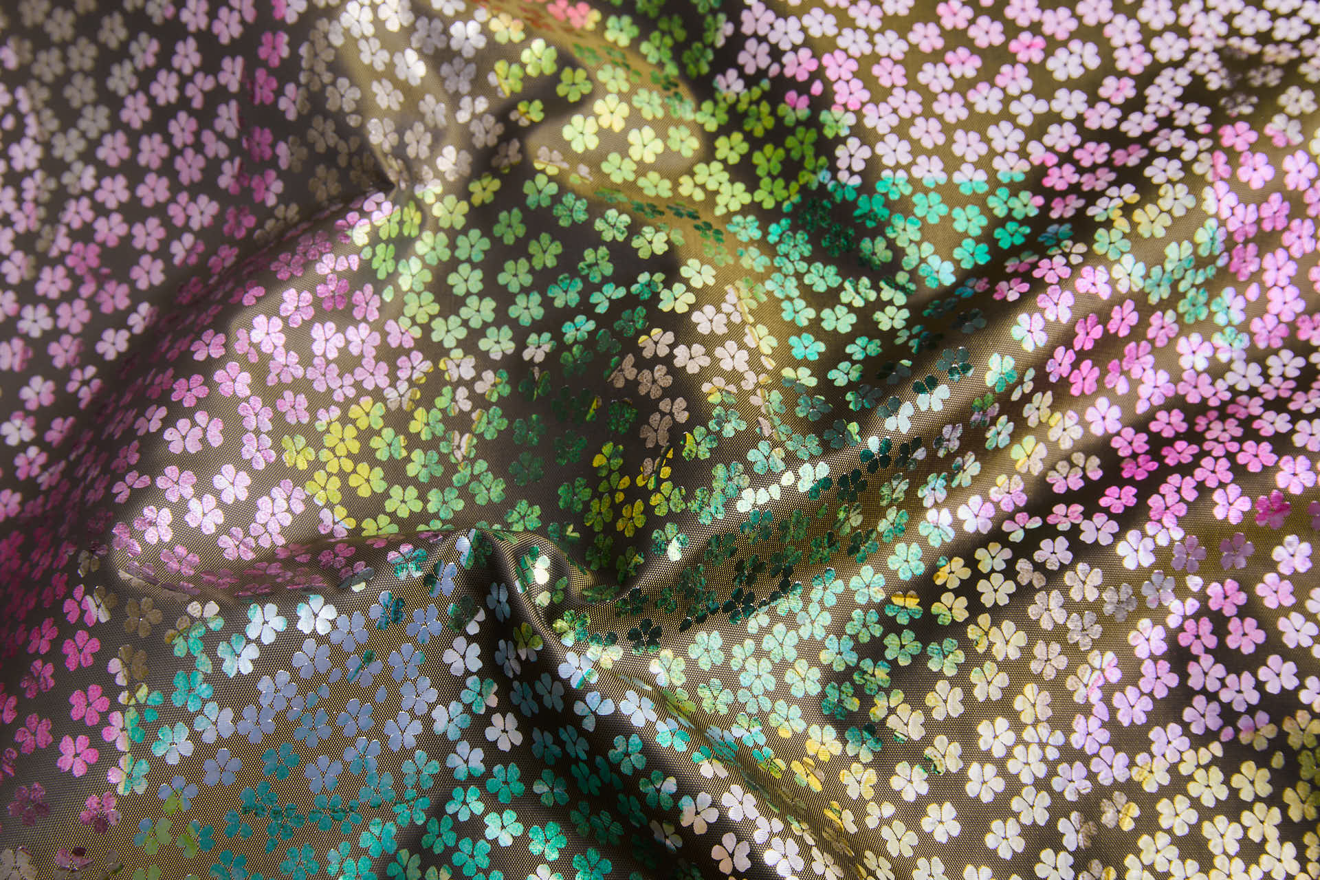 Floral Foil Printed Olive Taffeta fabric, image 2 of 8