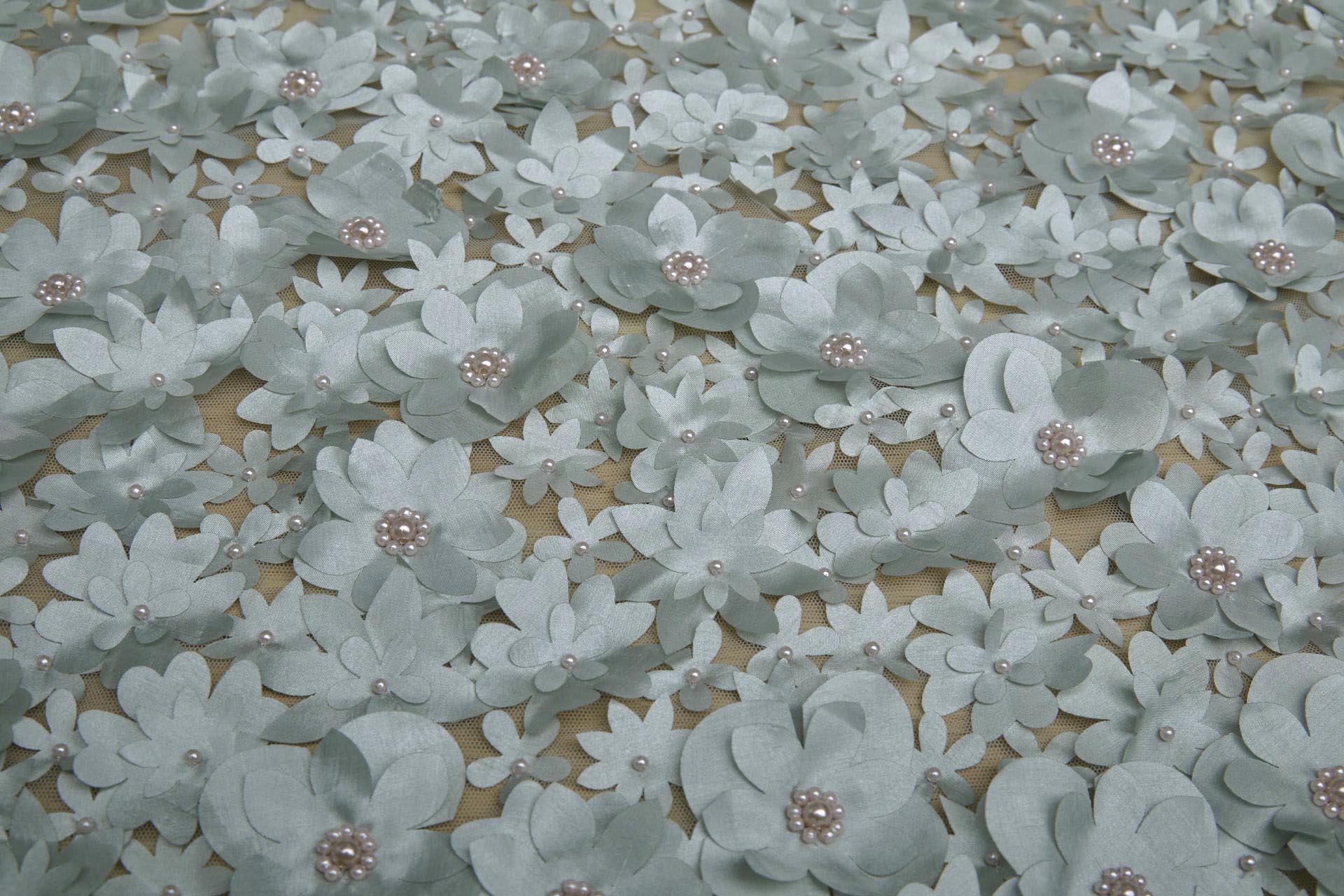 3D Cut Out Flowers with Pearls on Tulle - Duck Egg Blue fabric